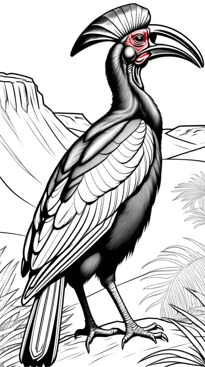 coloring page for adults, Southern Ground Hornbill, in Africa, clean outline, no shade