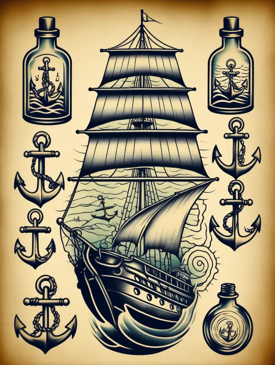 Nautical Oldschool Tattoo Design with Sailing Ship Anchor and Bottle