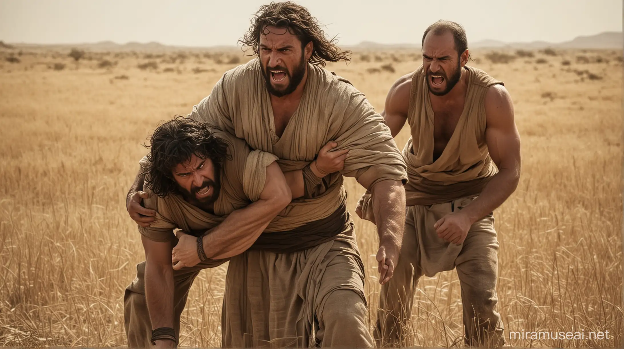 2 men angry with each other, and wrestle in a field. Set in the middle east. During the biblical era of Moses