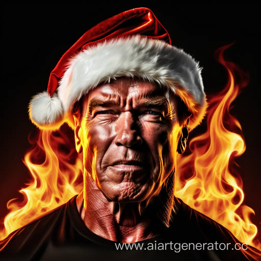 Арнольд Шварценеггер, в огне, новогодний, с шапкой Санты, детализированный, с чётким лицом, мужественный, тёплый свет 