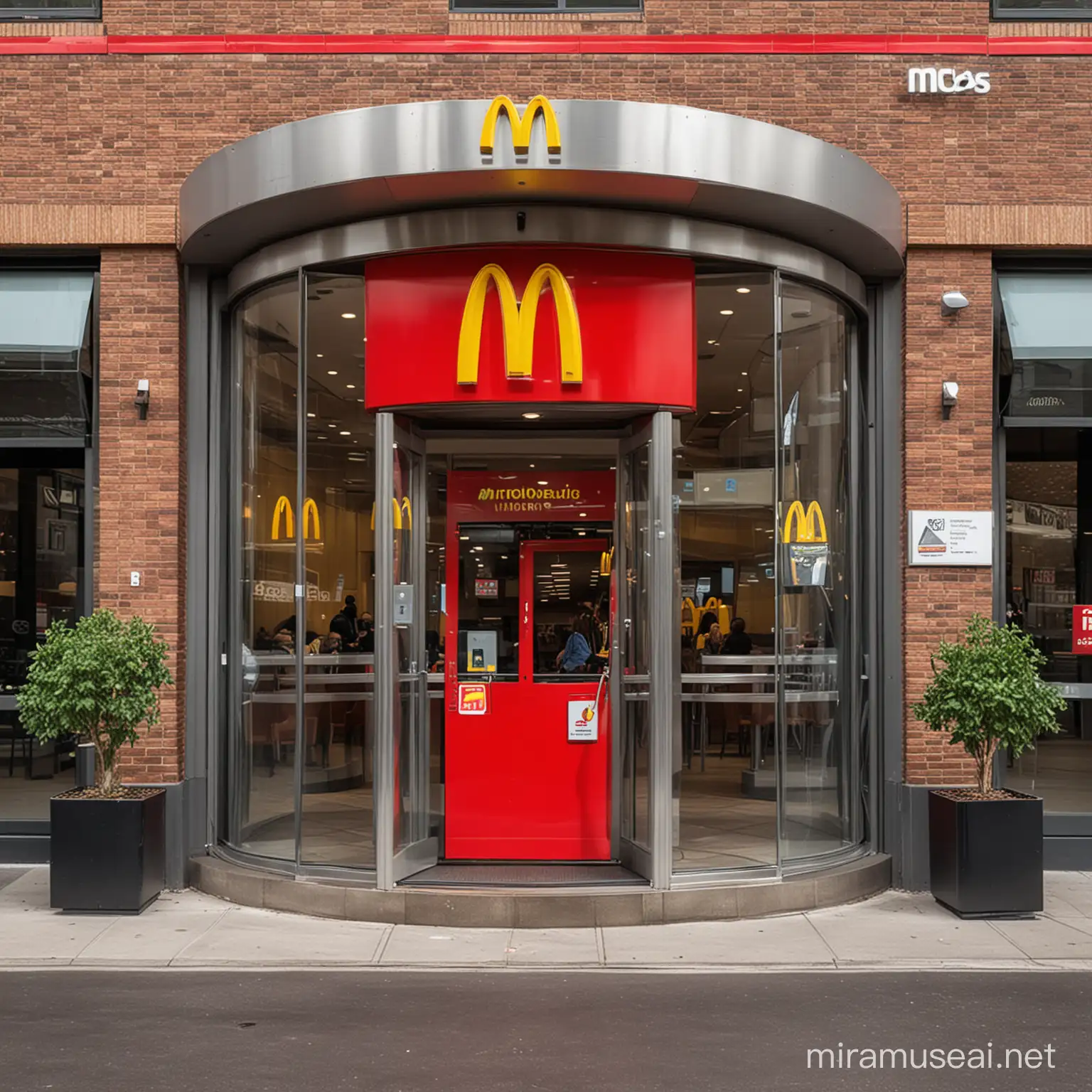 a circular revolving door entrance to mcdonalds restaurant, mcdonalds visual identity