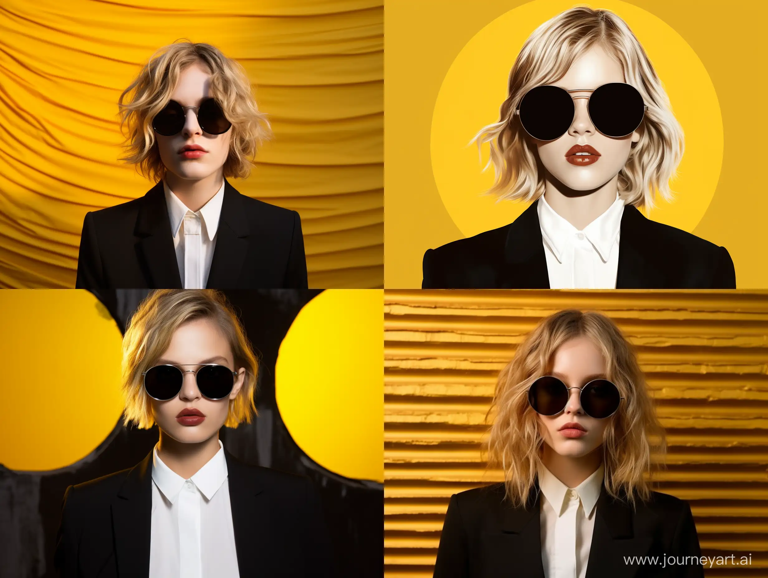 Stylish-Blonde-Girl-in-Formal-Black-Suit-and-Yellow-Sunglasses