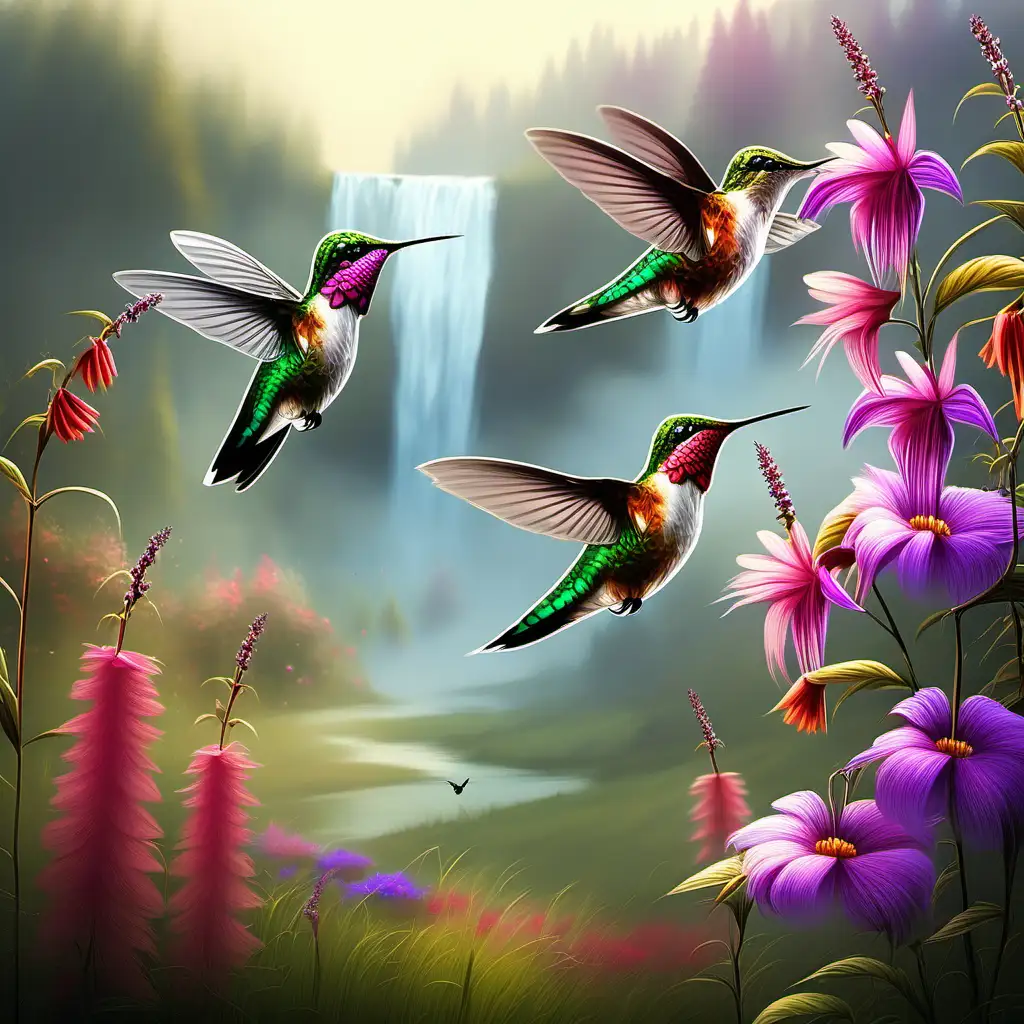 Enchanting Meadow Three Hummingbirds Amidst Magical Mist and Waterfall