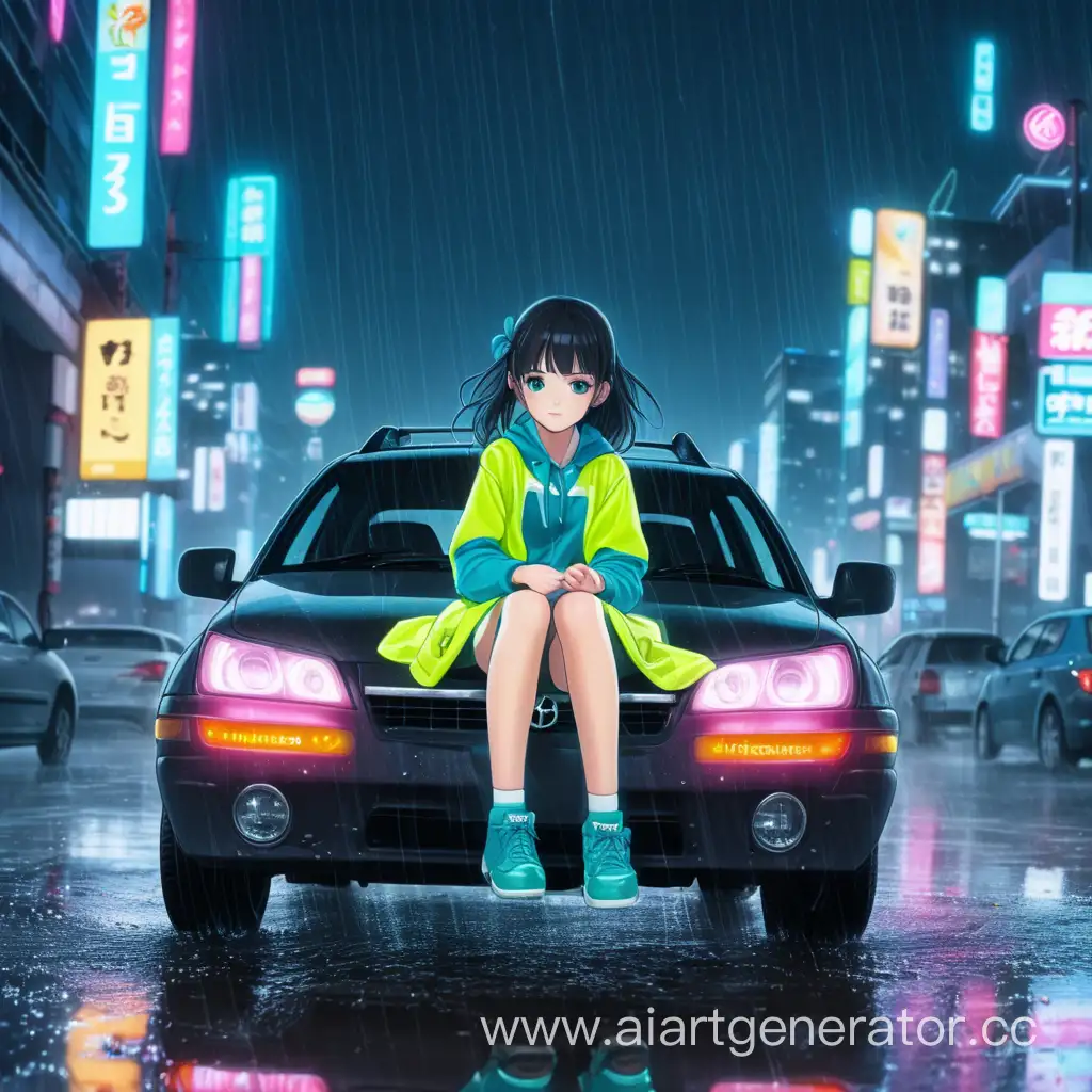 Rainy-Day-Anime-Girl-Sitting-on-Car-with-Neon-Lights