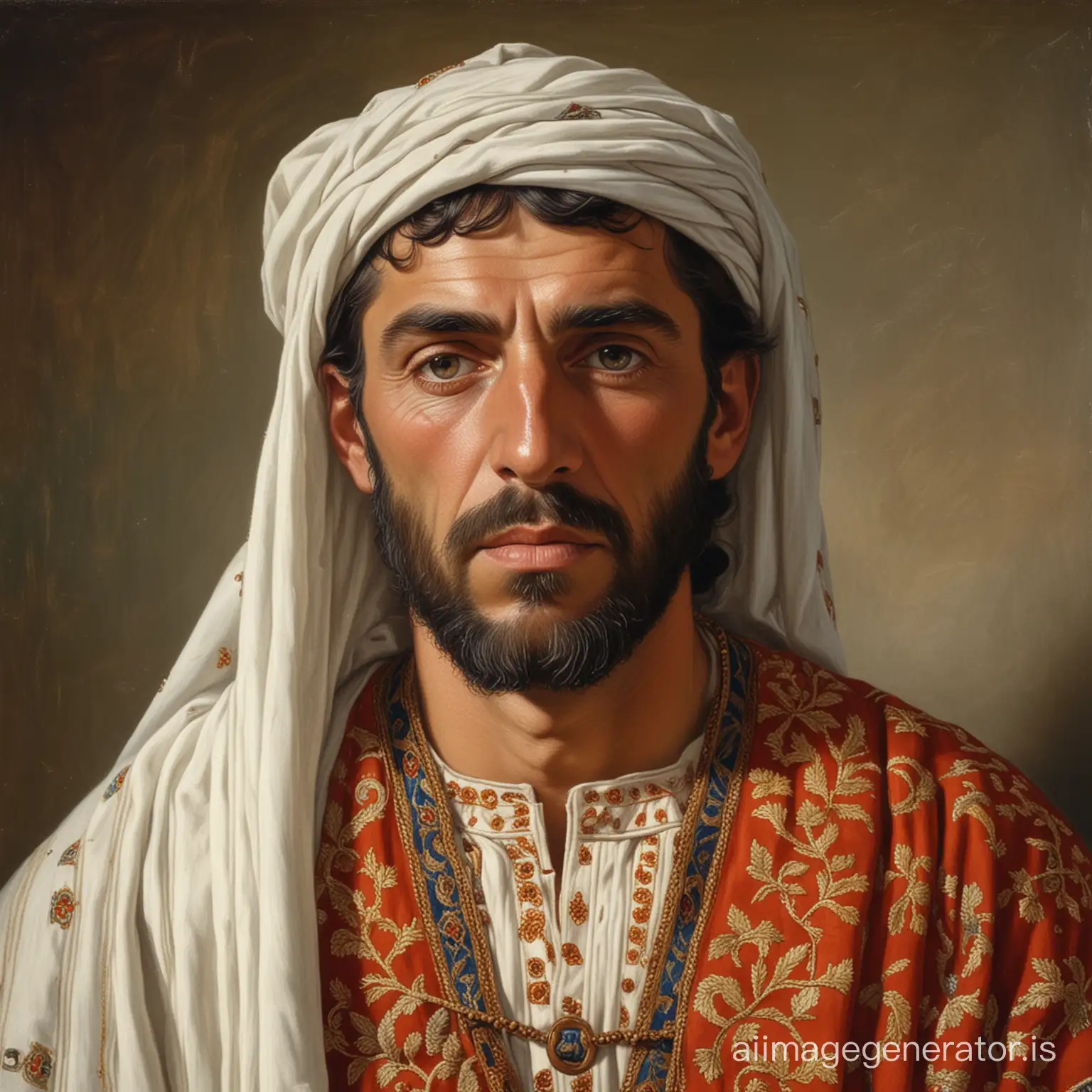 An oil portrait of an Italian man living in the 10th century wearing an embroided tunica