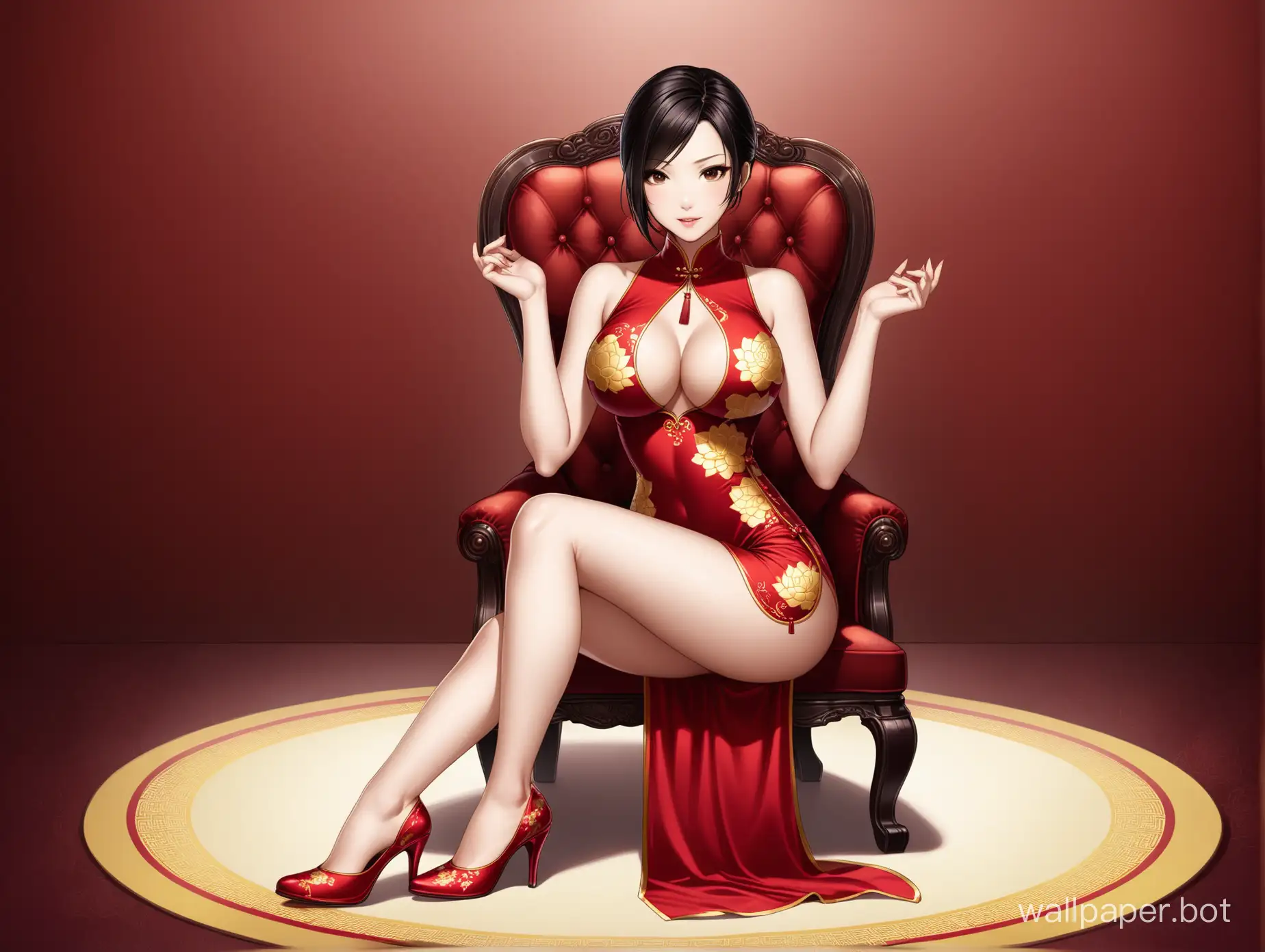 Li Bing bing, ada wong, resident evil, cheongsam with gold lotus flower motive and full slip tigh, slim body, big breast, sitting on chair pose, red 10 cm pump high heels,