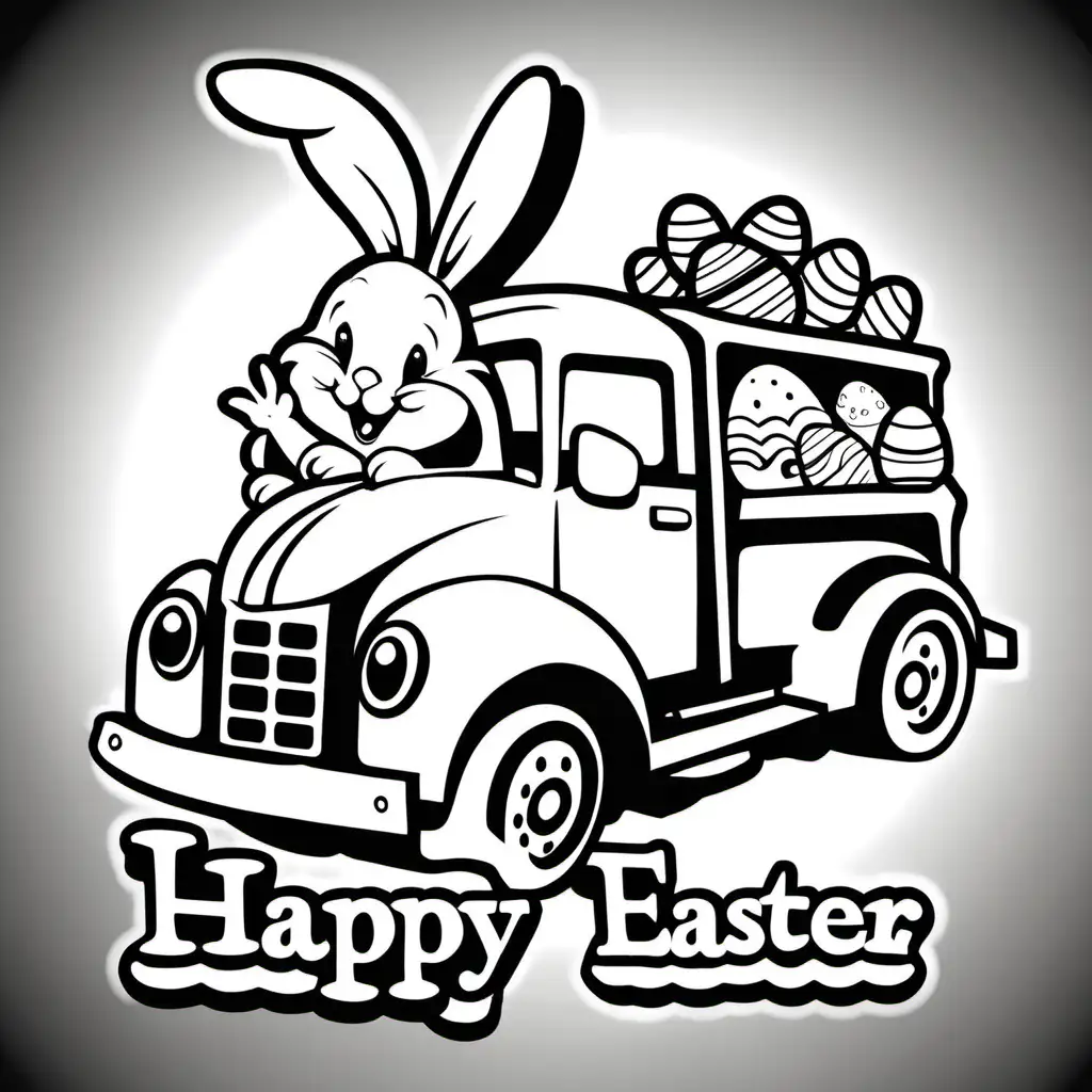 happy easter, words, easter bunny, truck, black and white, thick outline
