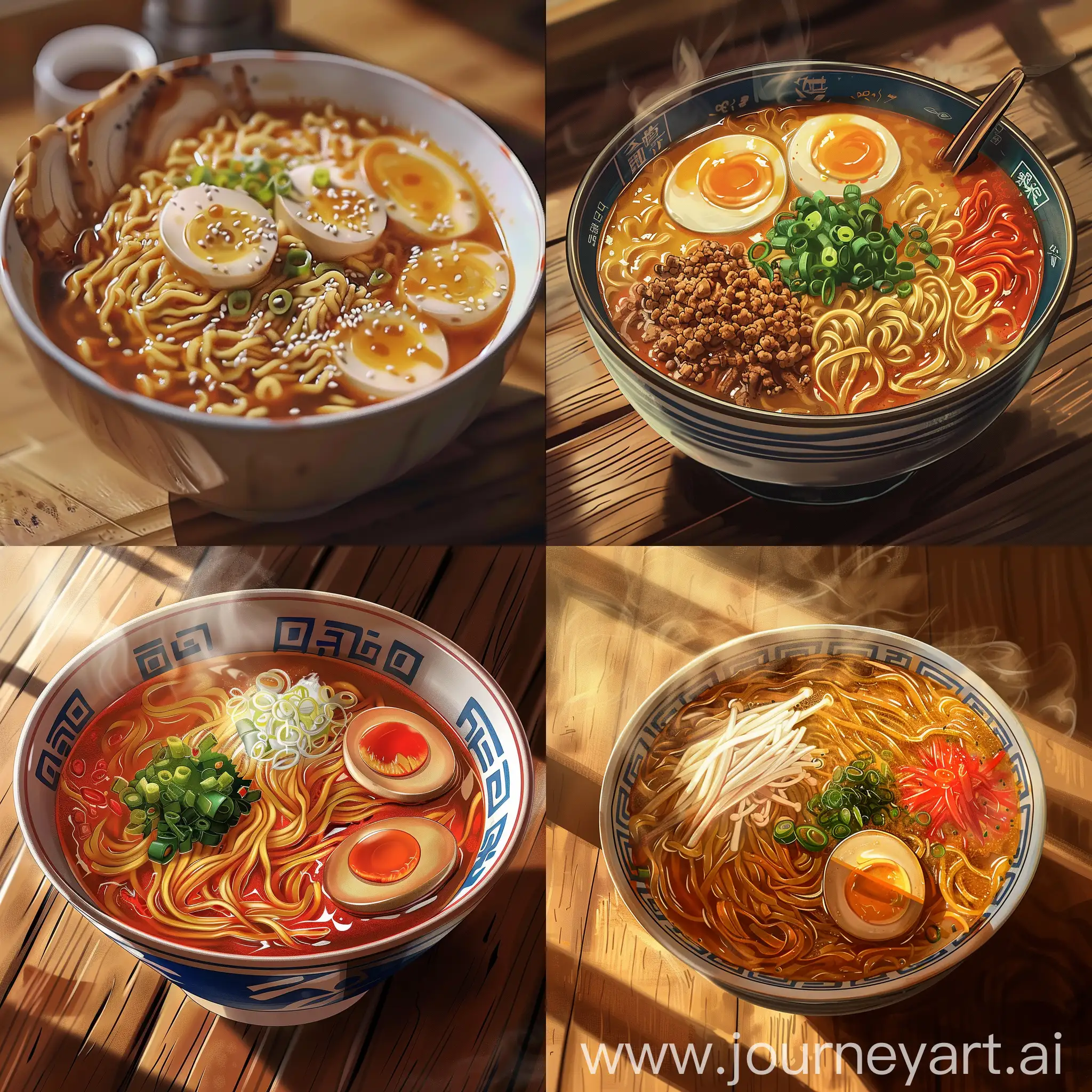 Anime style,makato shinkai style, a close up view,best camera angle,a ramen view in bowl,tasty,its hit,on a wooden table,everything in the Ramen is detailed and realistic anime style touch,realistic but yet stylized.