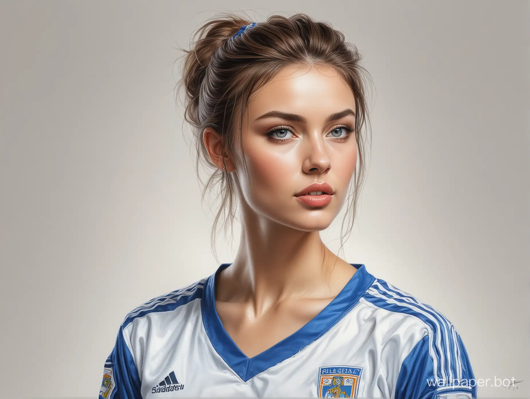 Sketch Irina Chashchina, 25 years old, cup size 4, narrow waist, in bright blue soccer uniform on white background, very realistic drawing in colored pencil by Stmly Luis Royo