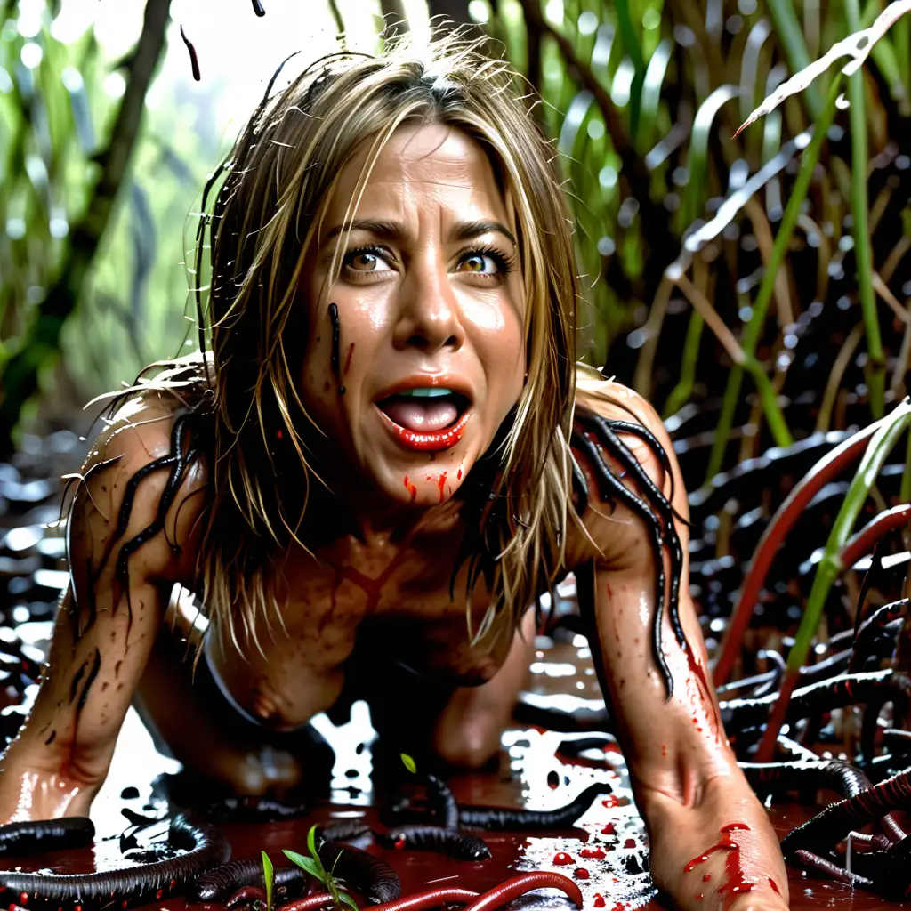 Actress Jennifer Aniston Crawling in Swamp with BloodRed Eyes and Earthworms