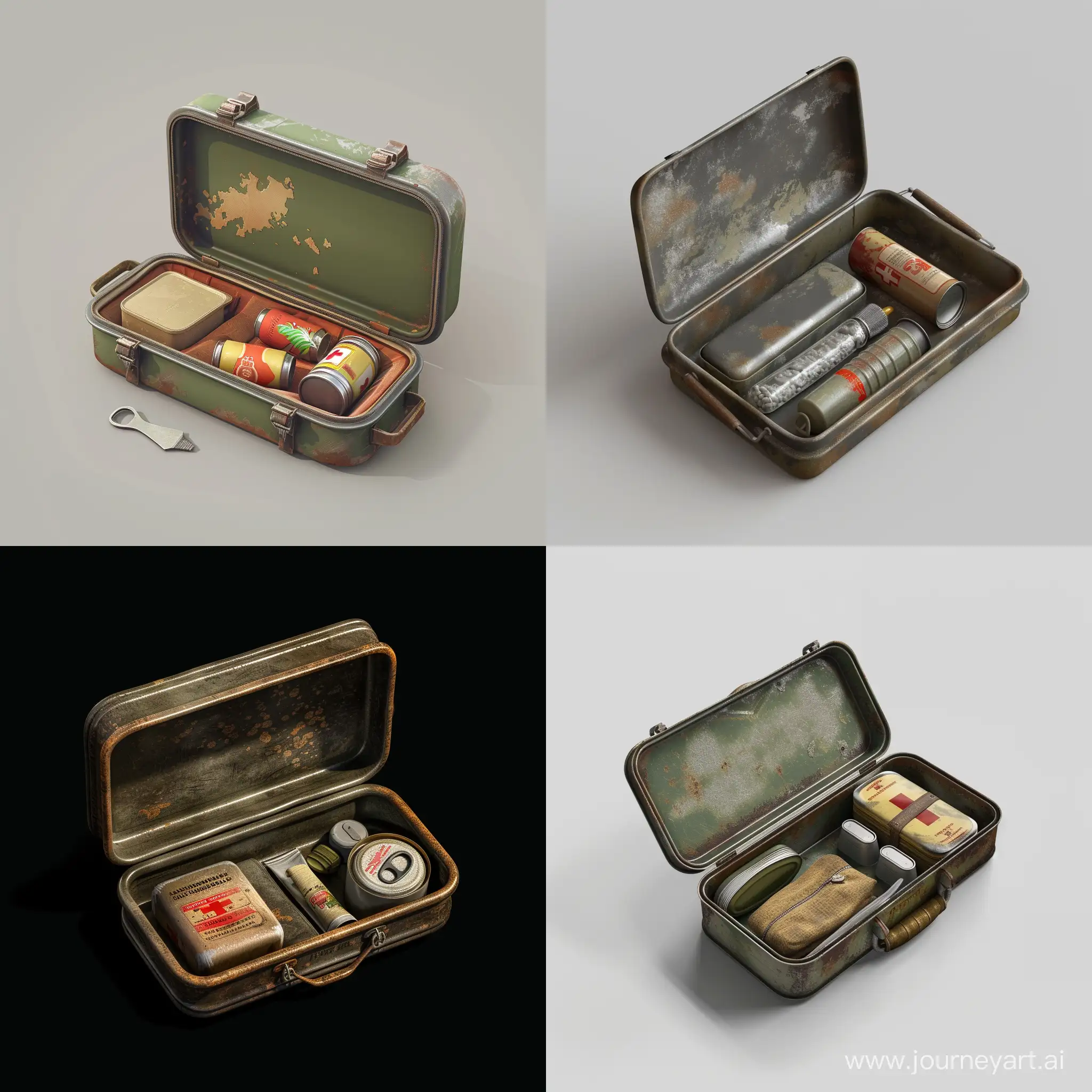 isometric realistic mini very small simple opened survival kit in realistic worn simple oblong metal case, 3d render, stalker style, less details, hunting first aid, hygiene, canned