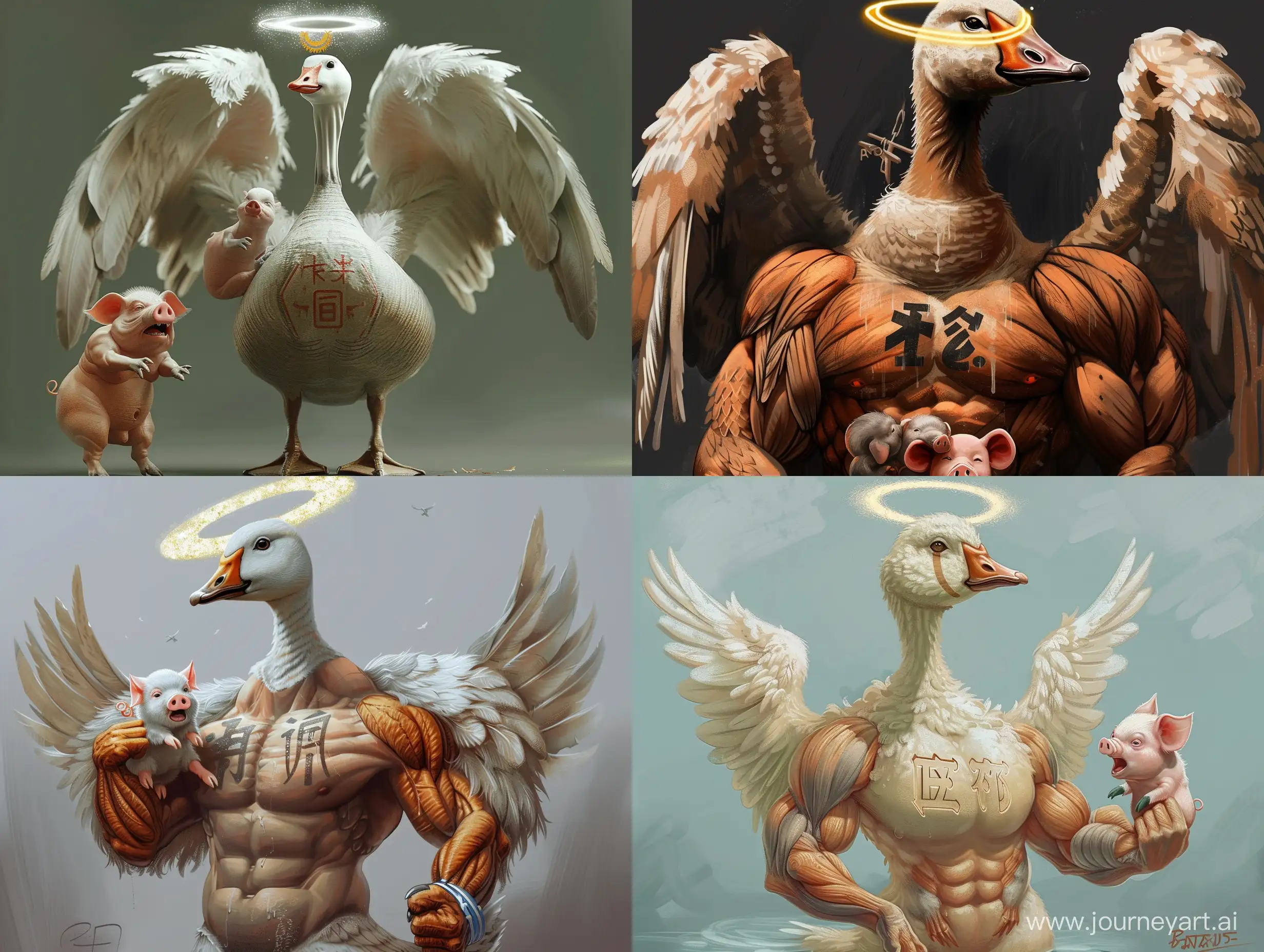 Muscular-Goose-with-Halo-Holding-Crying-Mini-Pig