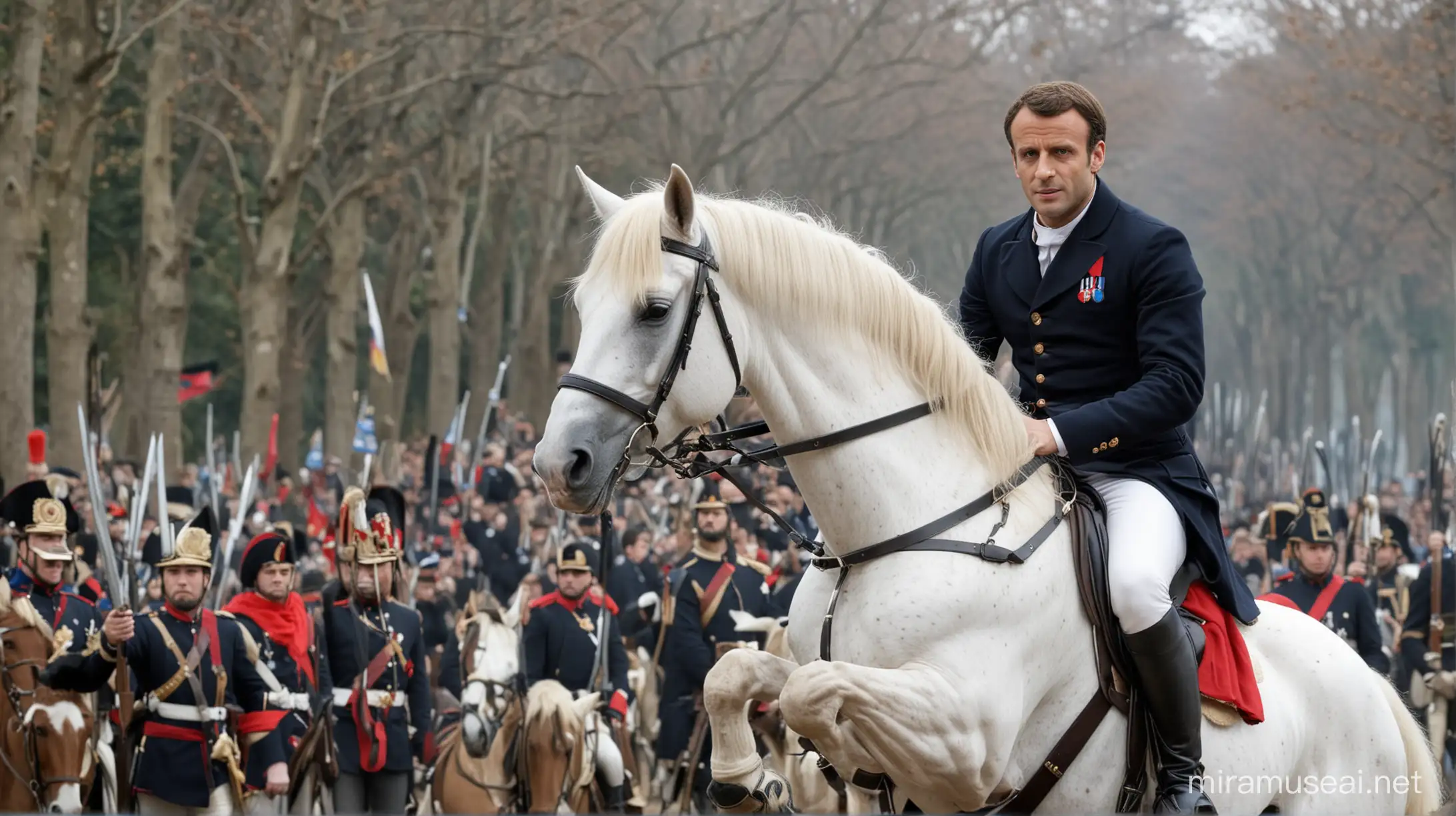 Emmanuel Macron on a horse, like Napoleon. His hand is on his sword and the other is giving a weapon from the back to someone