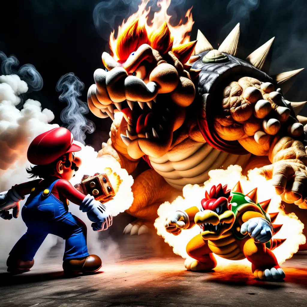 Mario battling Bowser. Epic smoke and fire with explosions
