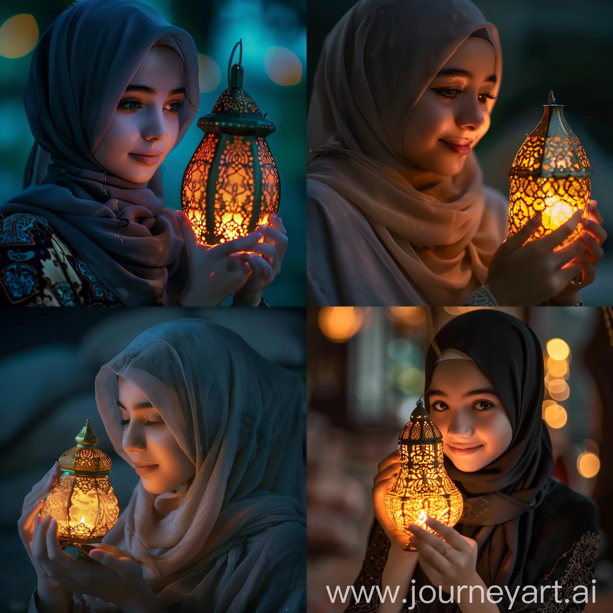 طفله ترتدي حجابها وتمسك بفانوس رمضان المضيئ مع اجواء رمضان , Macro, shot by Nikon Z MC 105mm f/2.8 VR S,