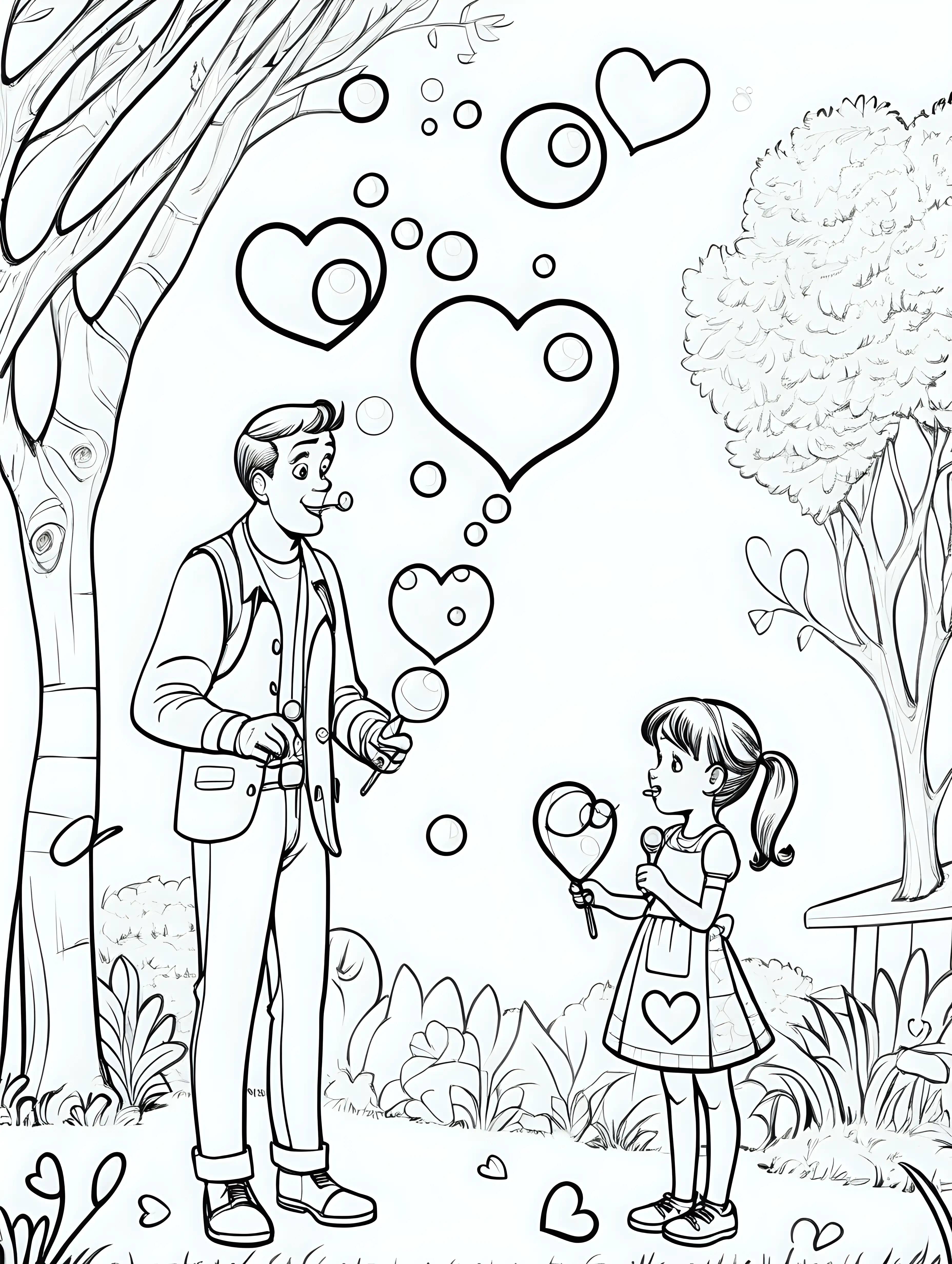 Cute, fairytale, whimsical, cartoon, younger Daddy and daughter blowing bubbles in the backyard with heart-shaped wands, black and white, thin lines, coloring page, simplistic, aspect ratio 9:11, no shading