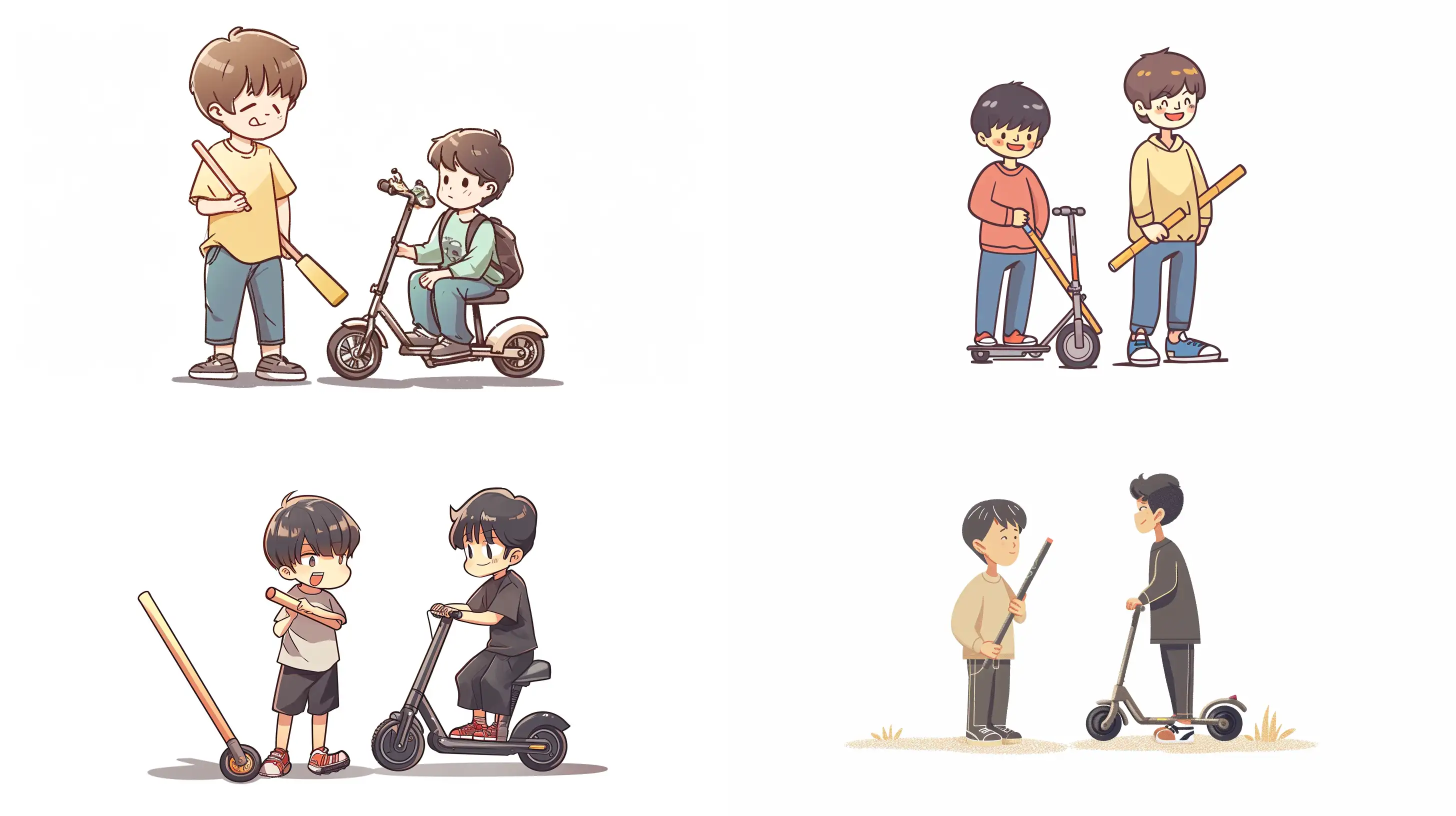 2 boy, anime style, a boy standing hold a chalk, beside him is a man ride a scooter, slightly chibi style, anime style,  simple background, best quality  --q 2 --v 6 --ar 16:9