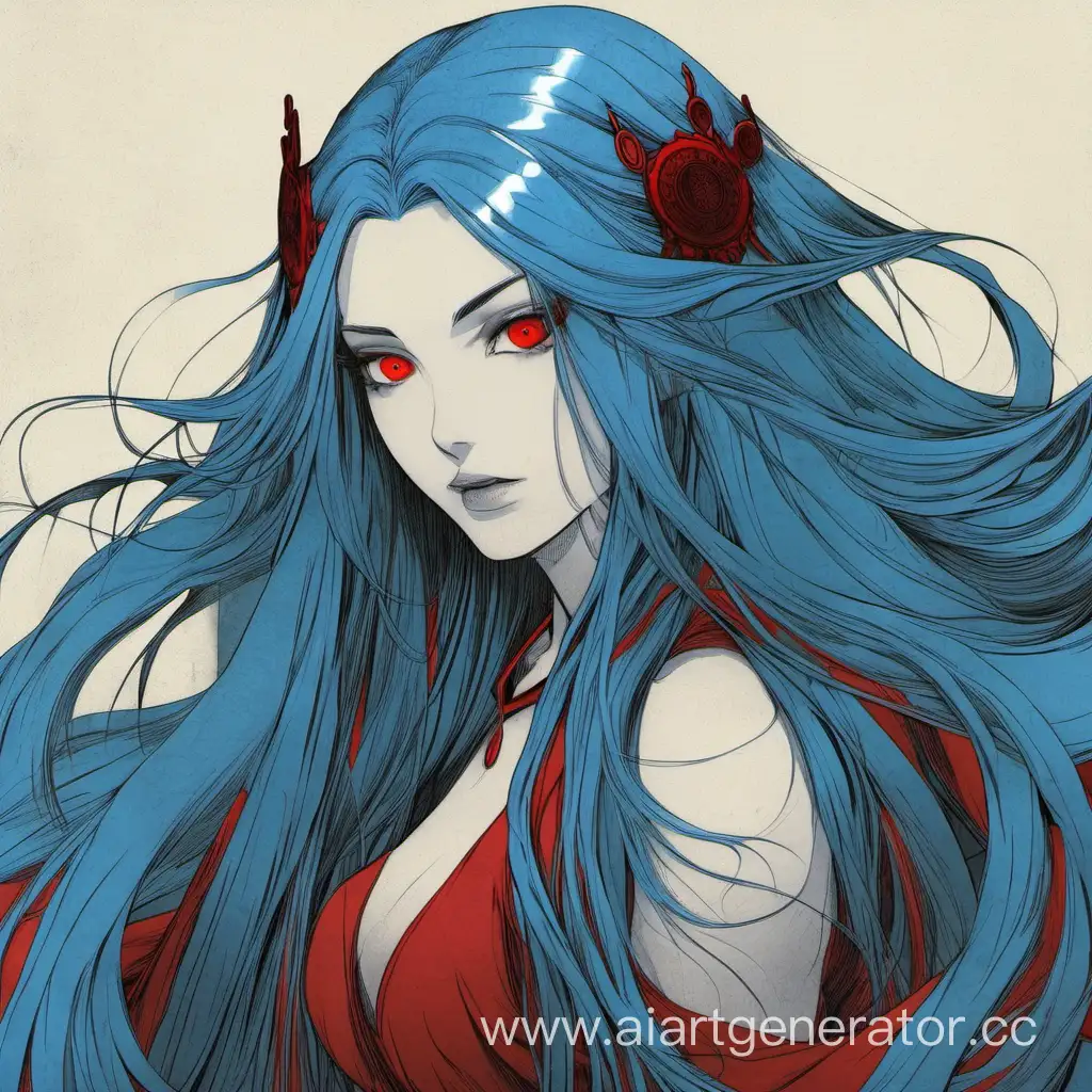 Женщина с длинными голубыми волосами и красными глазами