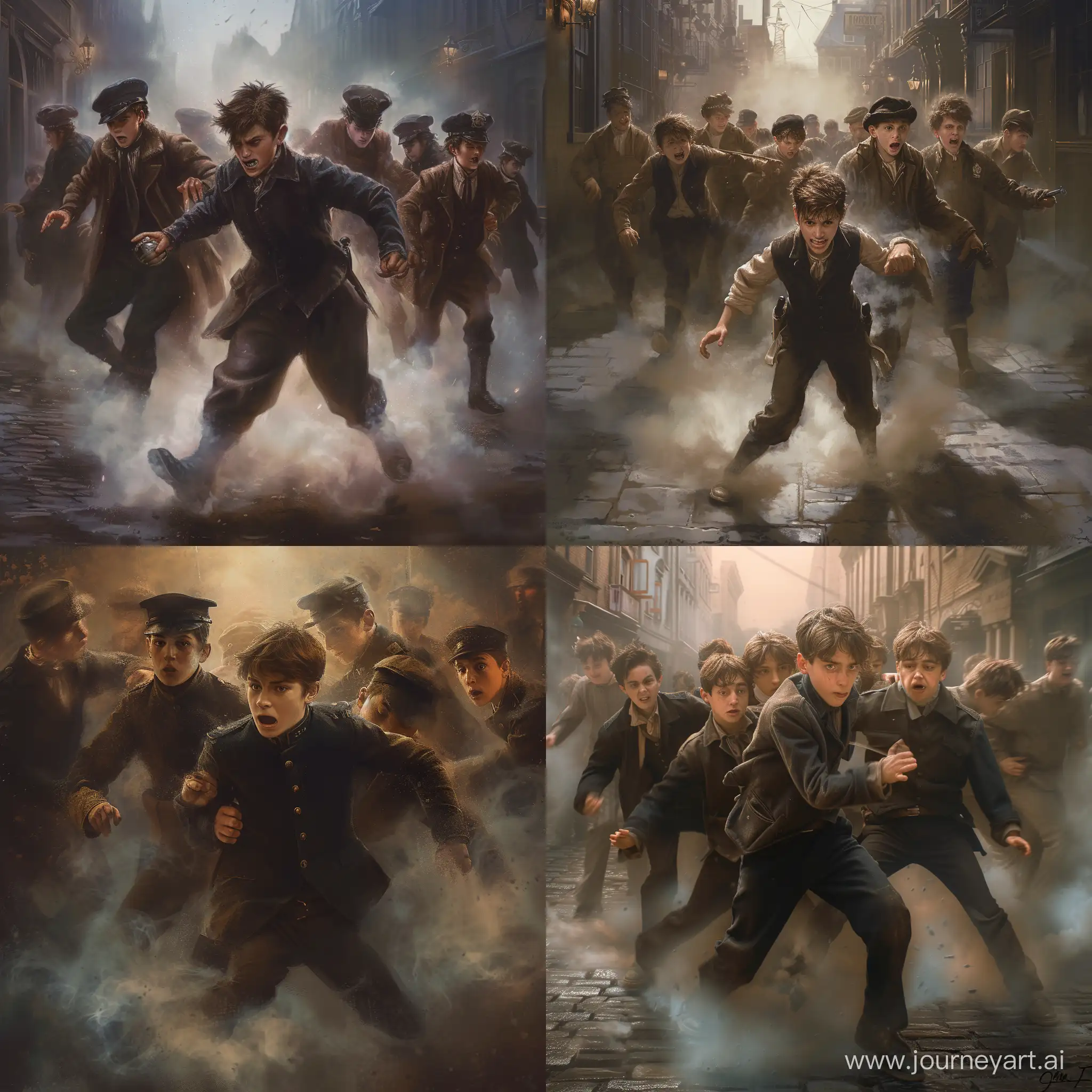 19th-Century-Street-Fight-Tense-Confrontation-of-Boy-Cops-and-Teenager