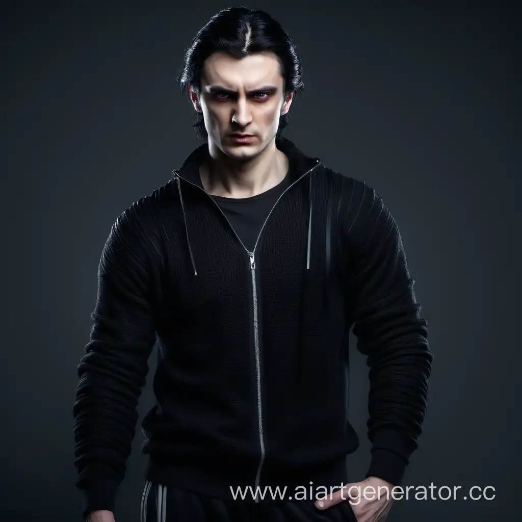 Мужчина славянской внешности с запутанными чернцми волосами, темные глаза, в кофте на застежке и спортивных штанах
