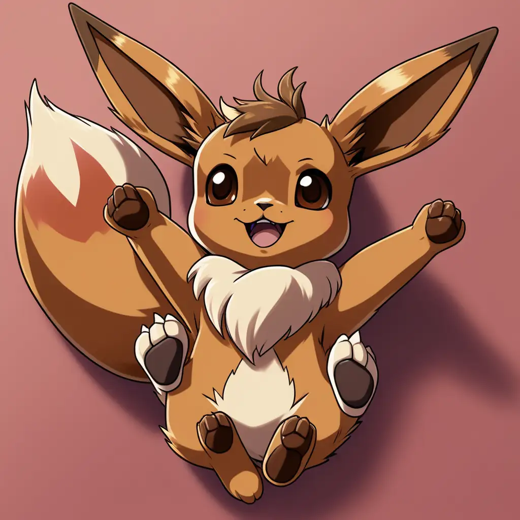 eevee lying on back with paws up like a cat, ready to claw and play with somebody's hand
