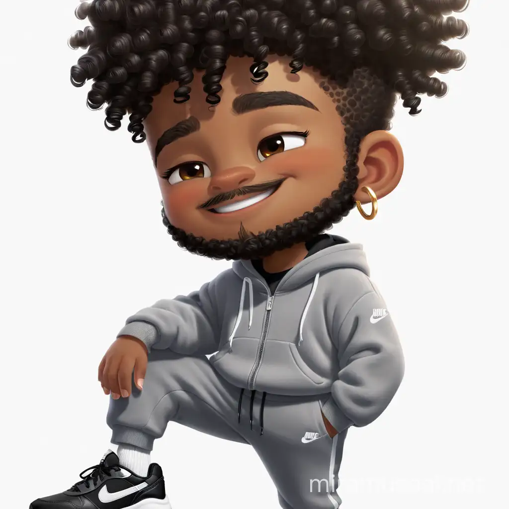 Curly puff, jogger suit, sneakers 
