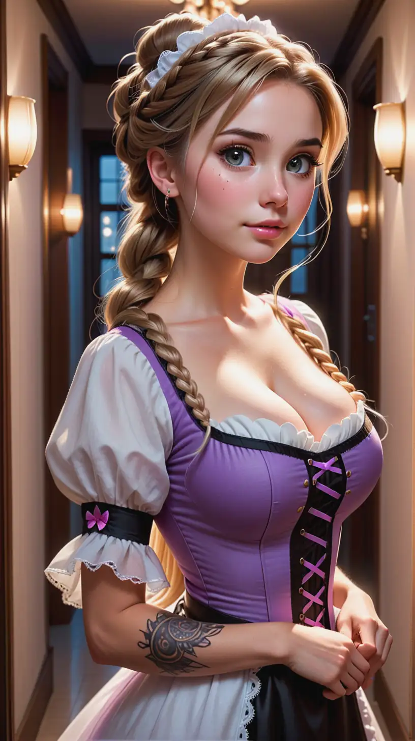 Gorgeous Rapunzel, very attractive face, hyper detailed eyes, eyes lit up with light, wrist tattoo, detailed medium breasts, perfect hips, dark eye scrubs, hair in a messy bun, wearing a sexy maid costume, ring light on face, In a hallway from behind, hyper realistic, very high detail, extra wide photo, symmetrical, full body photo