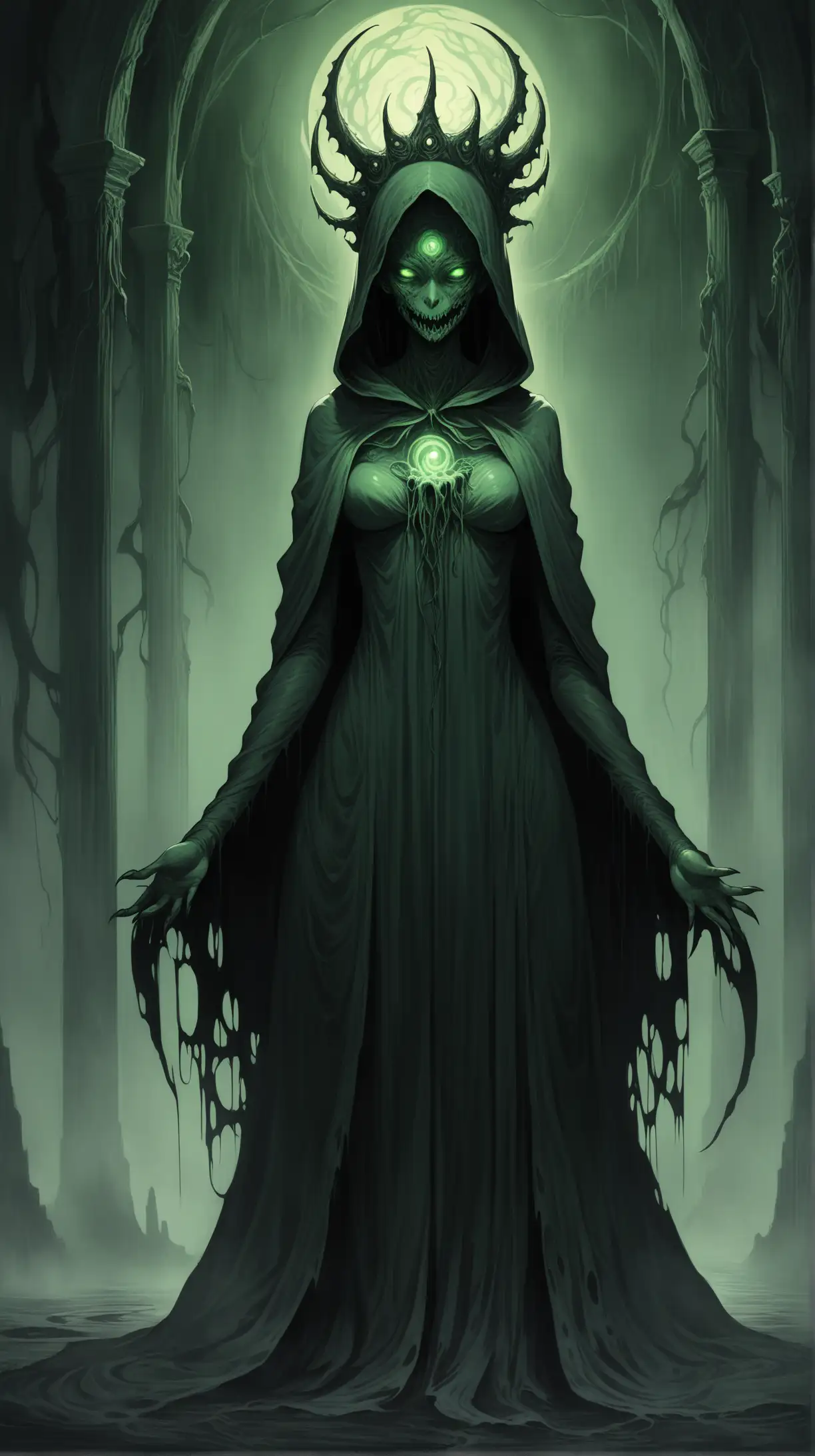 "Create a chilling full-bodied illustration of a Lovecraftian-inspired female deity draped in a tattered, dark green hooded cloak. Blend the cosmic horror of Lovecraft's mythos with the terrifying imagery of illustrative horror.

Detail the deity's grotesque and imposing form, exuding an aura of dread and malevolence as the self-proclaimed queen of eldritch gods. Her body contorts and mutates unnaturally beneath the cloak, with long, sinewy limbs stretching out in a wiry and muscular physique. The hood obscures her face, leaving only the glint of six glowing green eyes and the gleam of razor-sharp, jagged teeth visible in the shadows, devoid of lips.

Adorn her head with a glowing green halo, casting an eerie light around her twisted form and adding to her menacing presence.

Capture the essence of cosmic horror in her monstrous visage, conveying a sense of ancient malevolence and eldritch power beyond mortal comprehension. Perhaps she is a manifestation of the unknowable horrors lurking beyond the veil of reality, her presence evoking both fascination and terror in equal measure.

Set the deity against a backdrop of twisted and otherworldly landscapes, shrouded in mist and shadow, to enhance the atmosphere of dread and foreboding. Infuse the artwork with the dynamic and expressive qualities of illustrative horror, using exaggerated features, grotesque details, and dramatic lighting to evoke a sense of terror and unease.

Challenge artists to explore the intersection of Lovecraftian horror and illustrative horror aesthetics, inviting them to create a god-like entity that embodies the eldritch terror of the unknown while emphasizing the mysterious and sinister nature of her obscured form. Tags: dark, psychological, Lovecraftian, horror, deity, anime, monstrous, regal."
