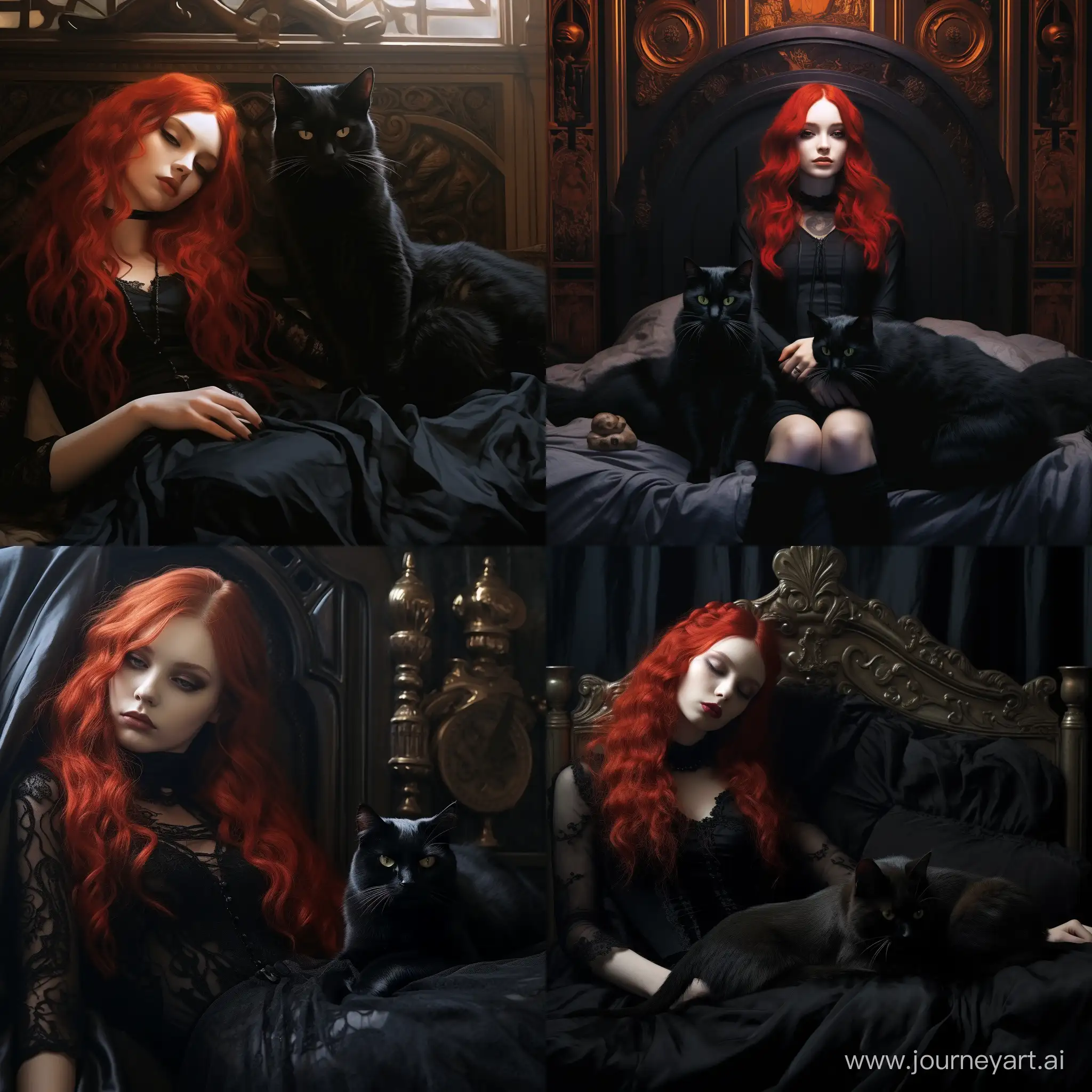 Enchanting-Slumber-RedHaired-Gothic-Girl-and-Feline-Companion