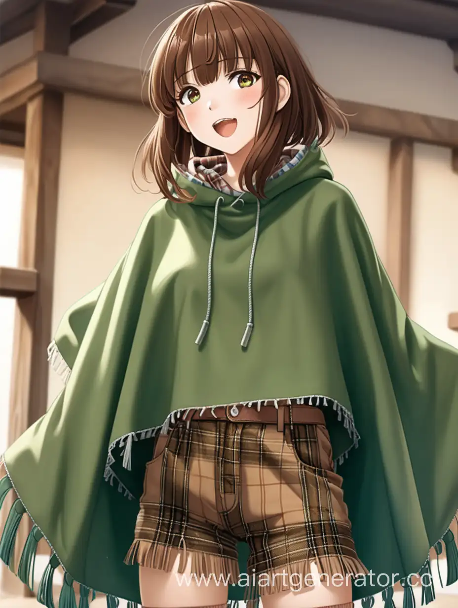 Anime girl is pleased with a realistic brunette in a handmade green poncho with fringe covering half of her body and brown plaid trousers