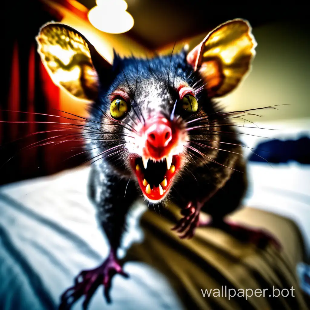 close up ferocious Australian brushtail possum standing up about to attack, sharp claws, wild eyes, snarling open mouth, large sharp teeth, sitting on a bed, gothic horror, fisheye lens