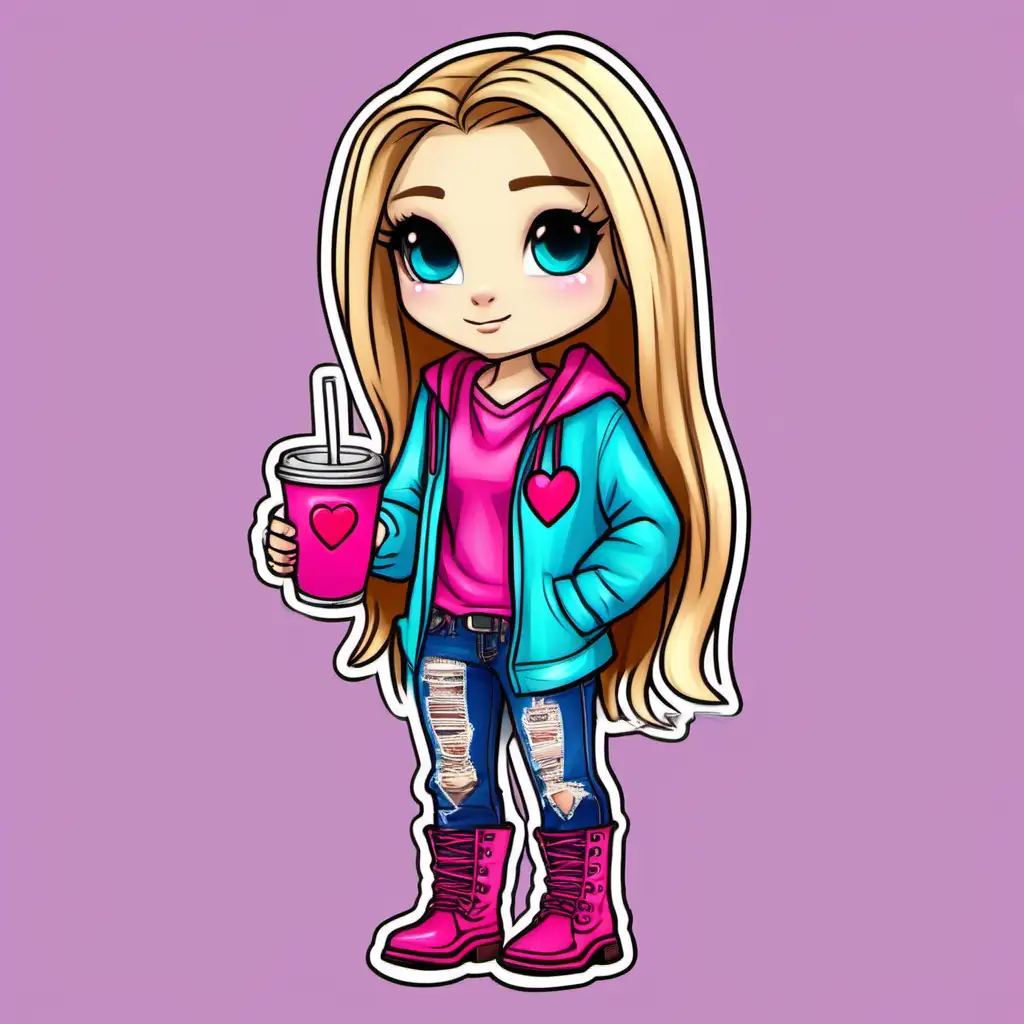 digital chibi sassy caucasian woman with long straight blonde hair, she is wearing a light pink hoodie with one red heart in the middle, and ripped blue jeans with brown healed boots, she is holding a bright pink stanley tumbler