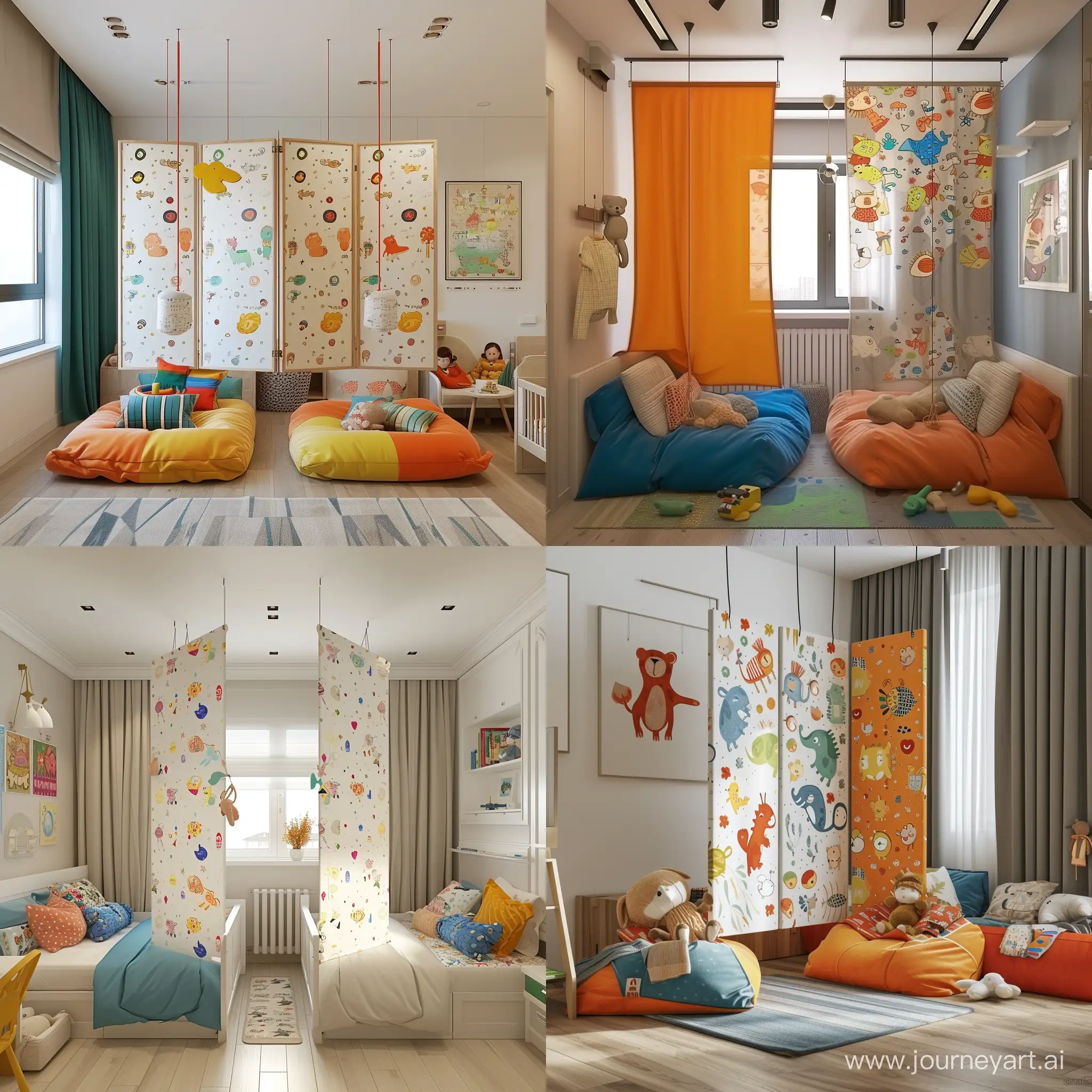 interior design of a cute children's room for two children, in the center of the room a bright accent hanging screen partition dividing the room with a hanging bright screen with a children's pattern
