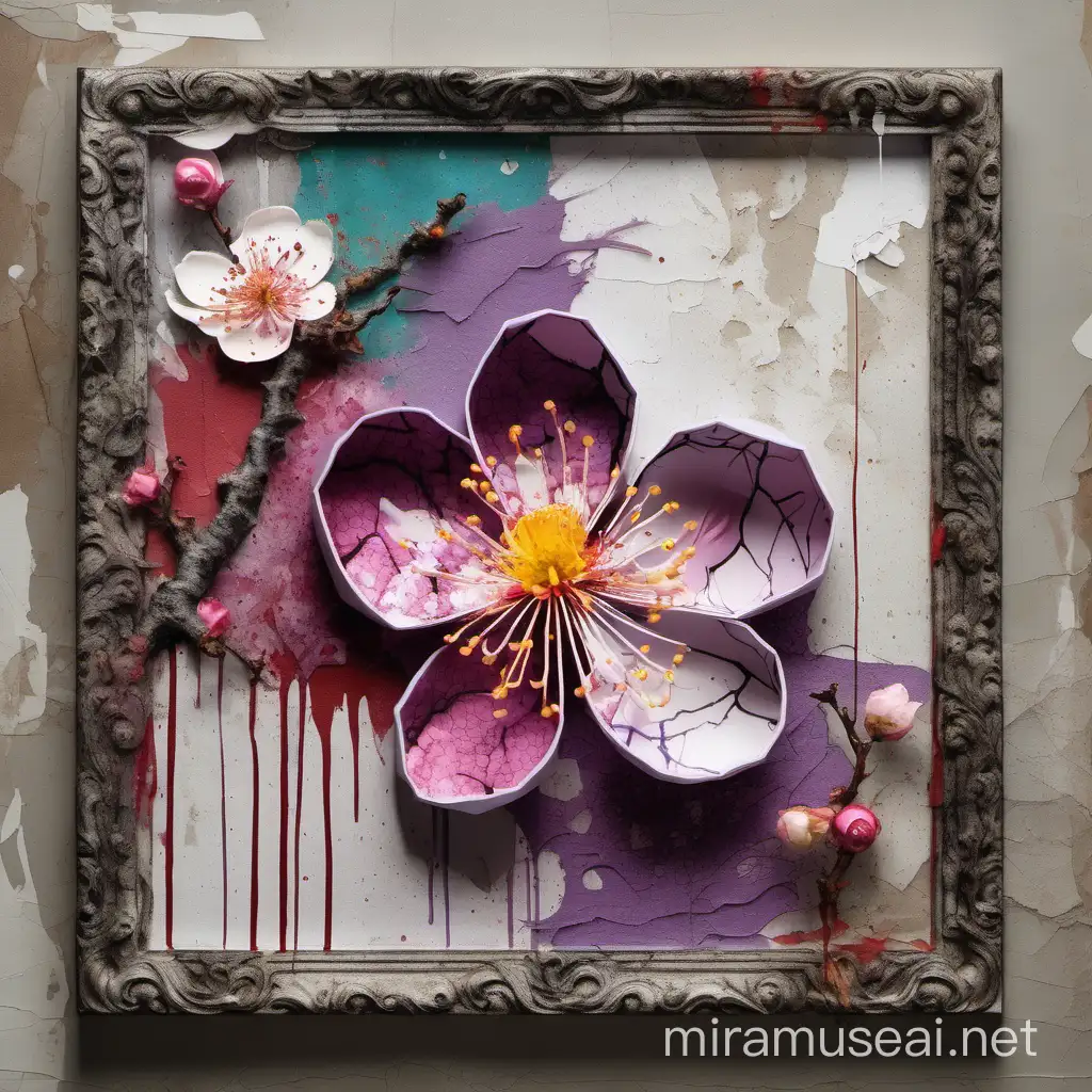 a single plum blossom made from a collage of different textures, artsy, paint splatters, canvas, ornate frame