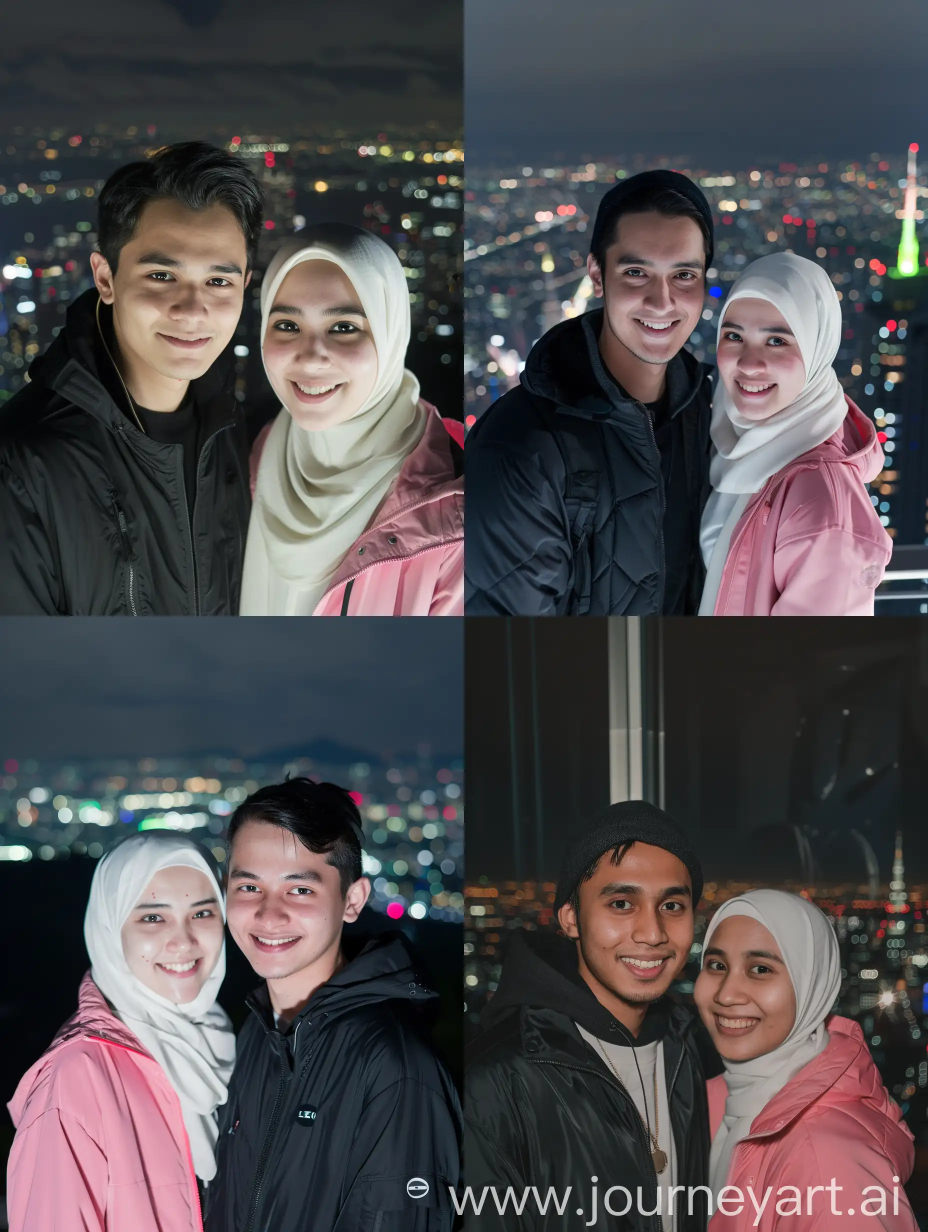 (8K, RAW Photo, Photography, Photorealistic, Realistic, Highest Quality, Intricate Detail), Medium photo of 25 year old Indonesian man, fit, ideal body, oval face, white skin, natural skin, medium hair, wearing a black jacket, side by side with a 25 year old Indonesian woman wearing a white hijab, pink jacket, they smile facing the camera, their eyes look at the camera, the corners of their eyes are parallel to the view of the Japanese city at night