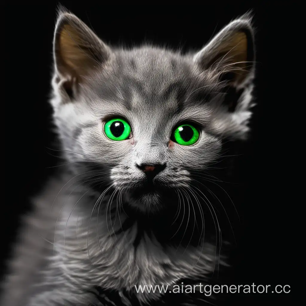 Серый котик с зелëными глазами на чëрном фоне
