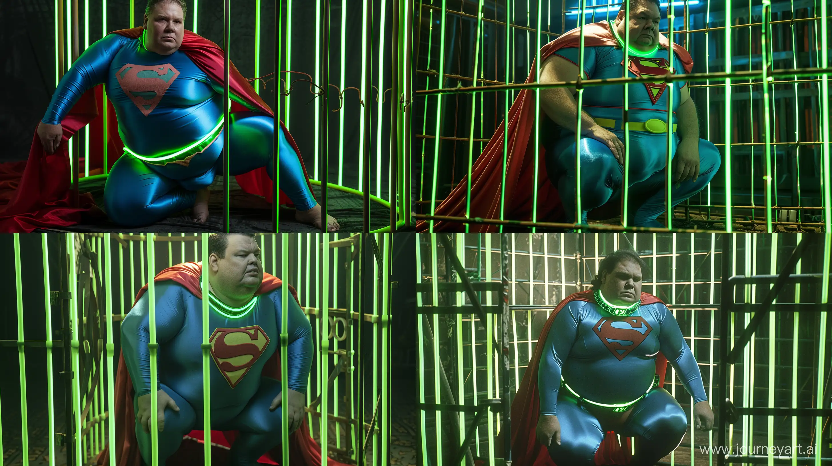 Close-up photo of a fat man aged 60 wearing a silk blue 1978 superman tight costume with a large red cape and a tight green glowing neon dog collar. Kneeling inside a cage made of green glowing green neon bars. Natural light. --style raw --ar 16:9
