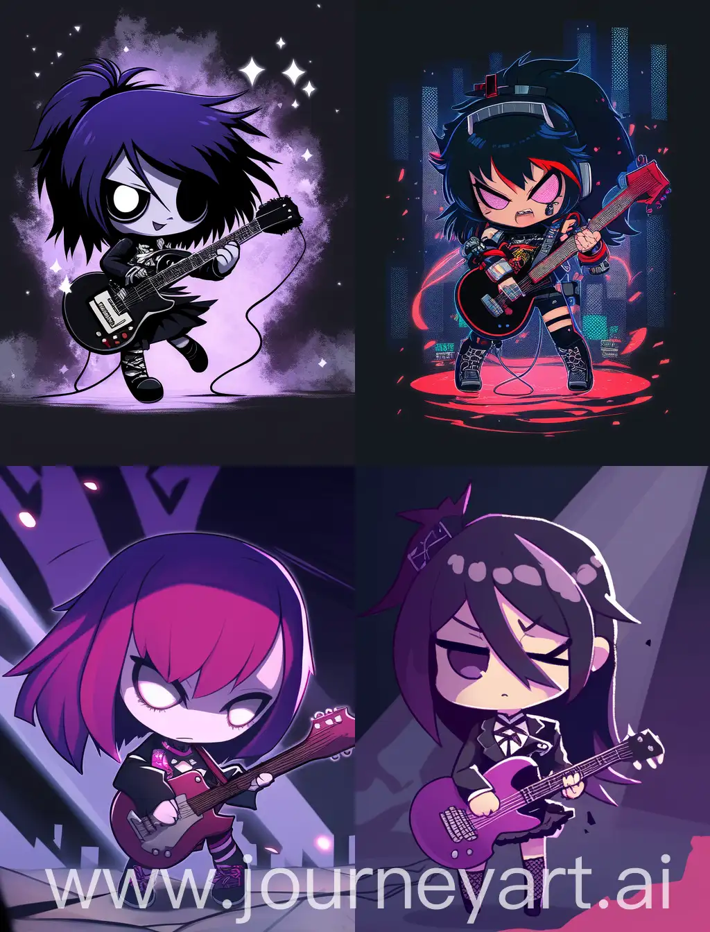 chibi emo girl playing guitar, cartoon anime style, strong lines, spooky background