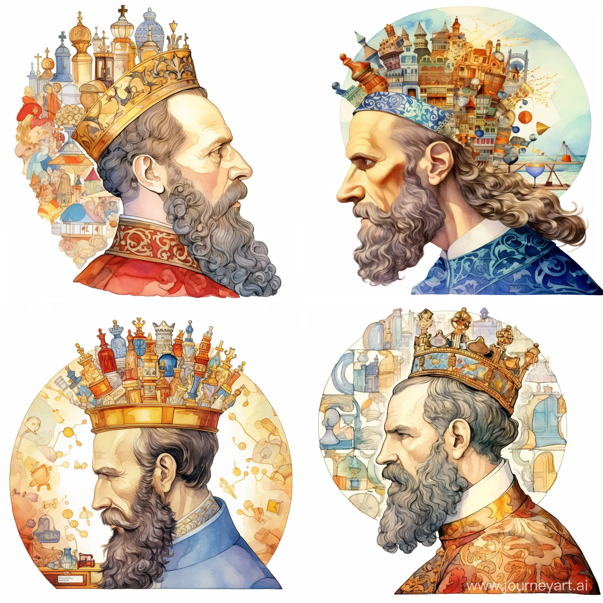 Leo-Tolstoy-Portrait-with-Crown-Amidst-Literary-Characters-Whimsical-Watercolor-Art