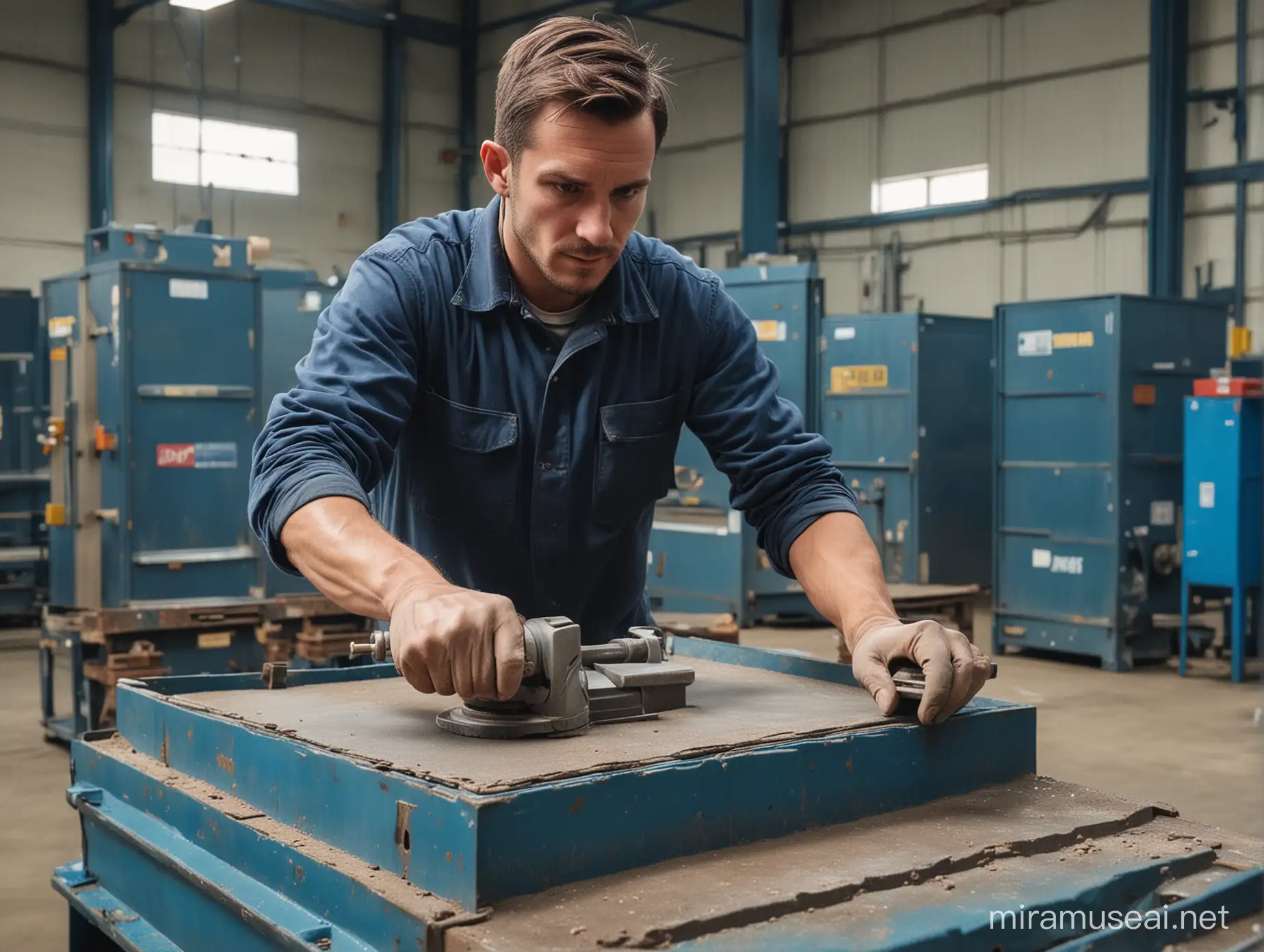 European Man Sanding Large Metal Container in Blue Factory Setting