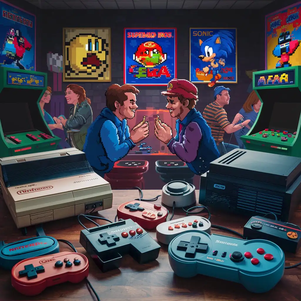 Nostalgic 80s arcade scene with pixel art characters and classic video game consoles.