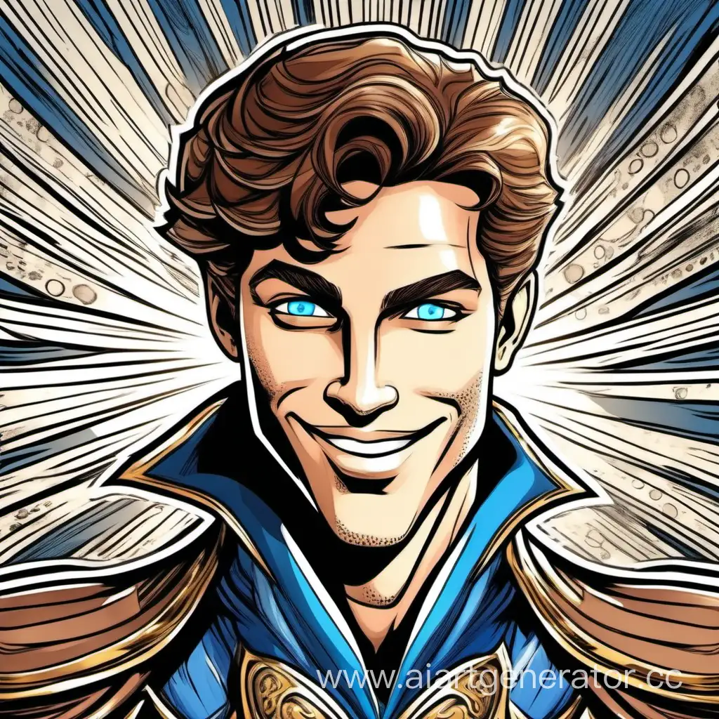 the dazzling smile of the prince with blue eyes and brown, in the style of a hand-drawn comic book