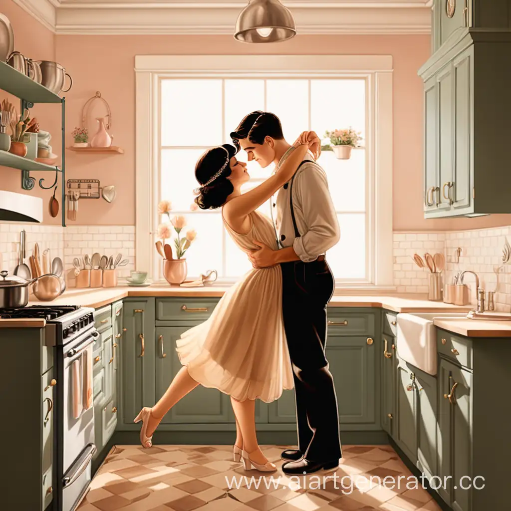 early 20's Couple art doing the cute romantic pose in the kitchen 