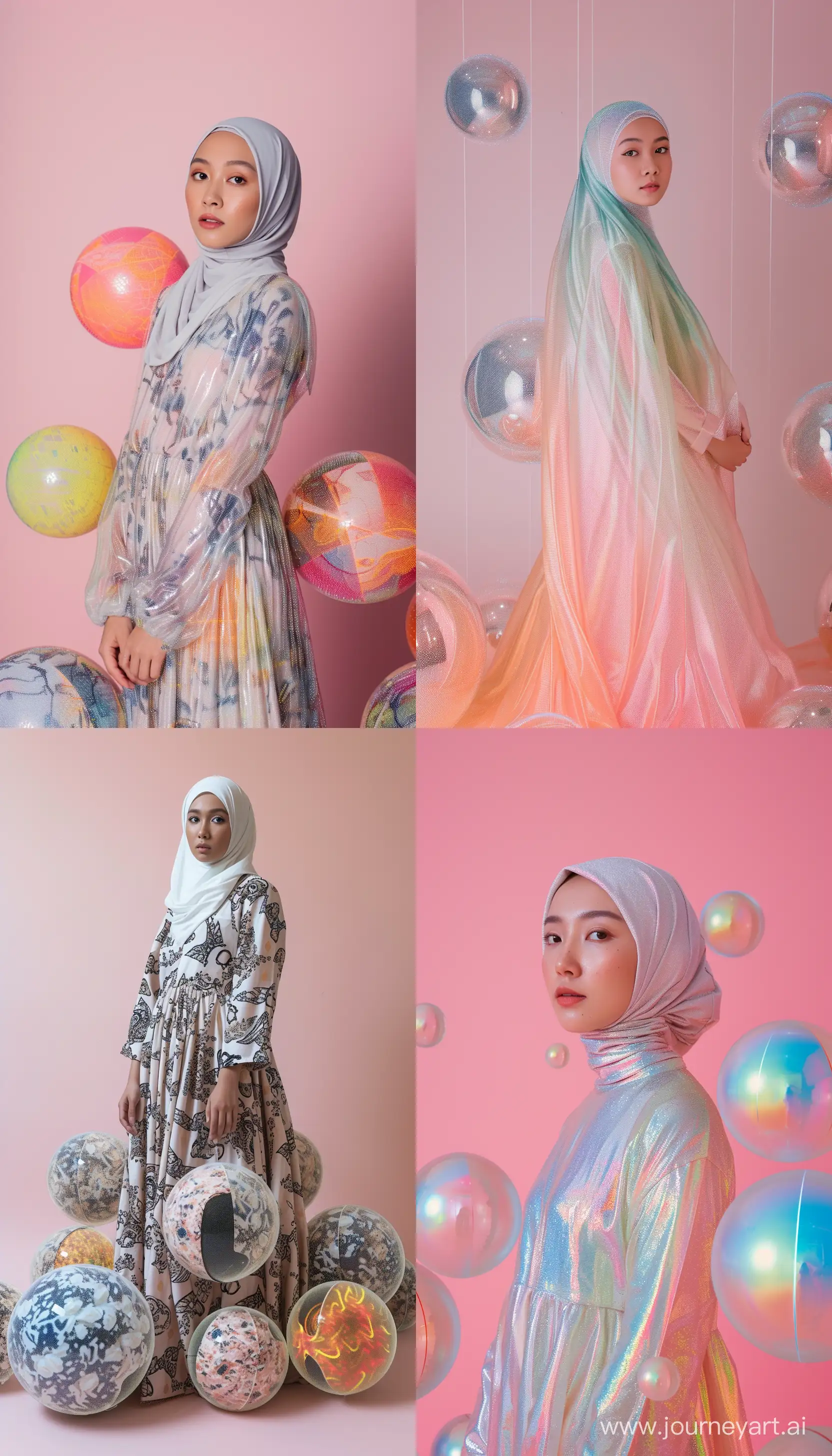 young Indonesian woman wearing hologram hijab dress standing against group of divided spheres, pale pink background, high quality photography, full shot  --ar 4:7 --v 6