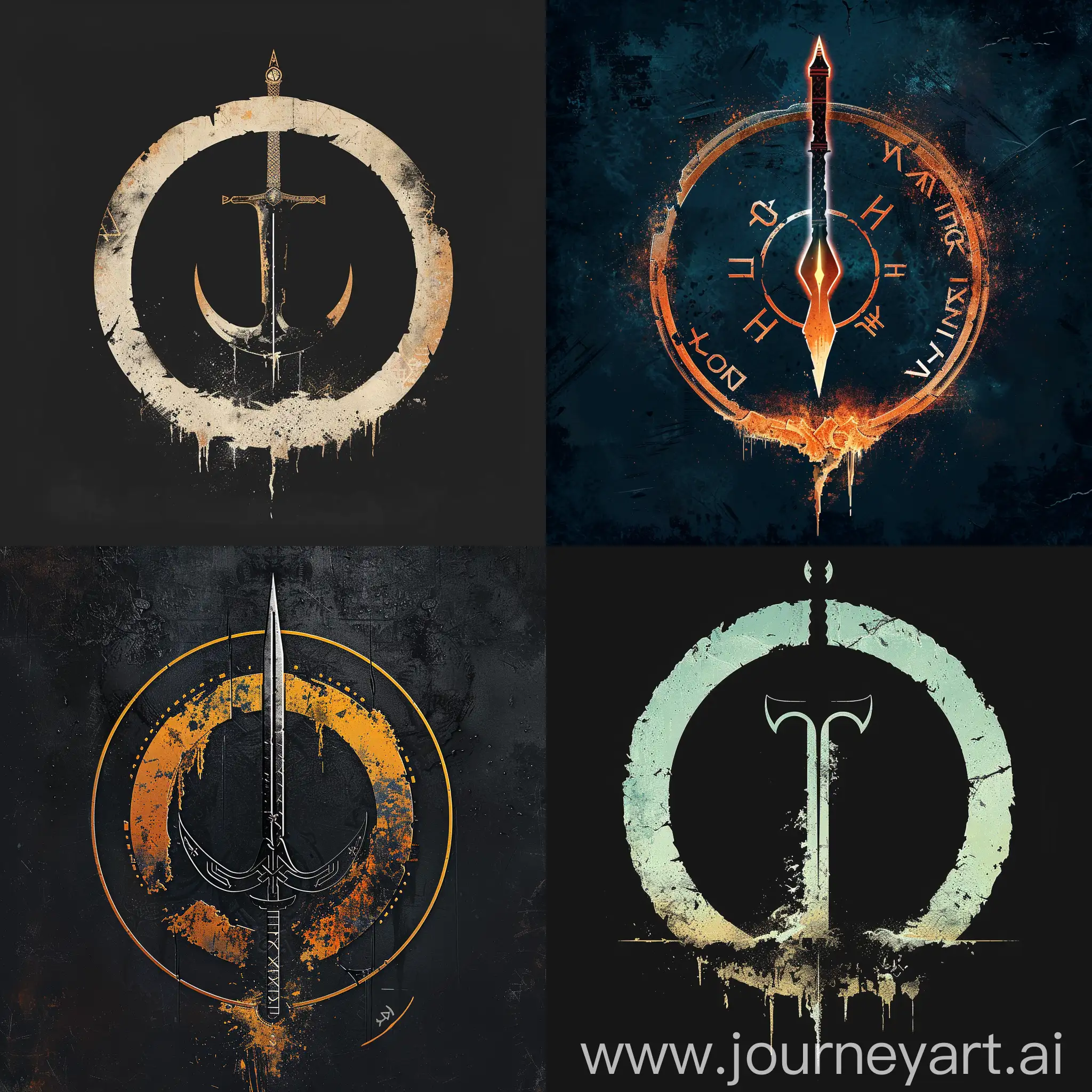 Design a logo for the FPS game "Godslayer," featuring a nordic circle with a futuristic Viking sword piercing through the middle, reminiscent of the Fallout or Elder Scrolls logos, and depict the bottom of the circle as deteriorating.