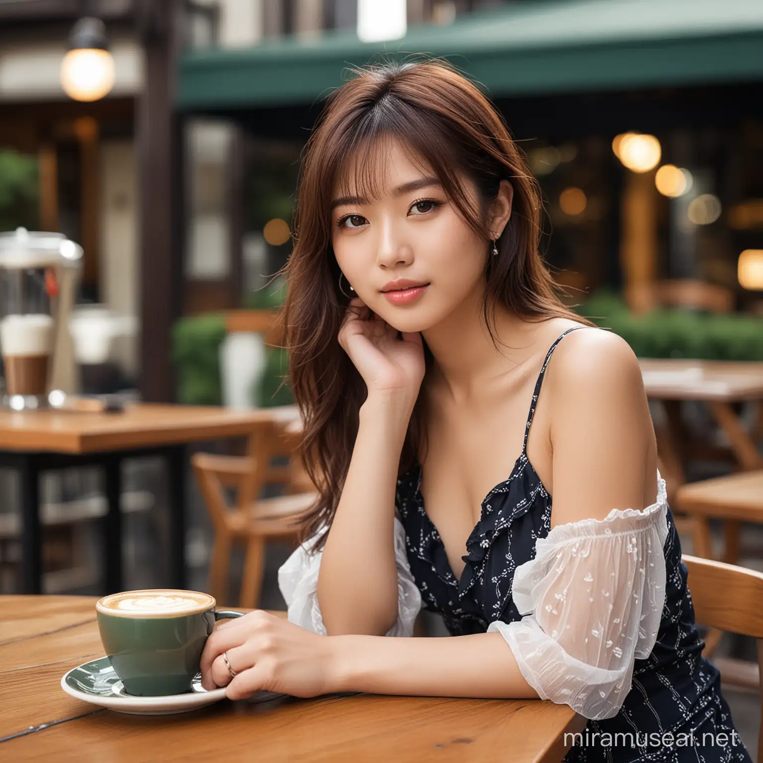 beautiful japanese model girl, sexy style, sitting outdoor of coffee shop, Leica 50 mm lens bokeh, Fine image, high resolution
