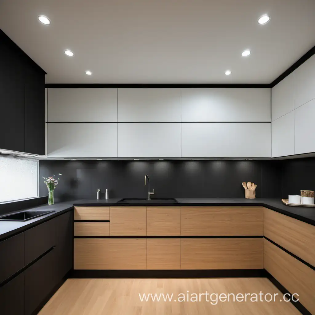 kitchen with white cabinets at the top, wooden all cabinets at the bottom, black graphite countertop