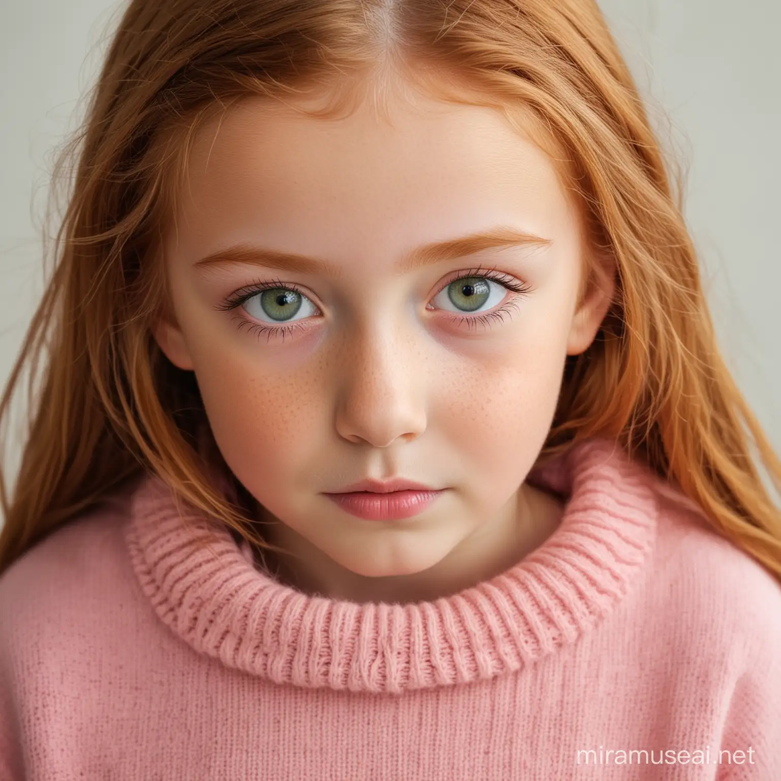 closeup of a little girl with green eyes girl and very long ginger hair wearing a cute pink sweater