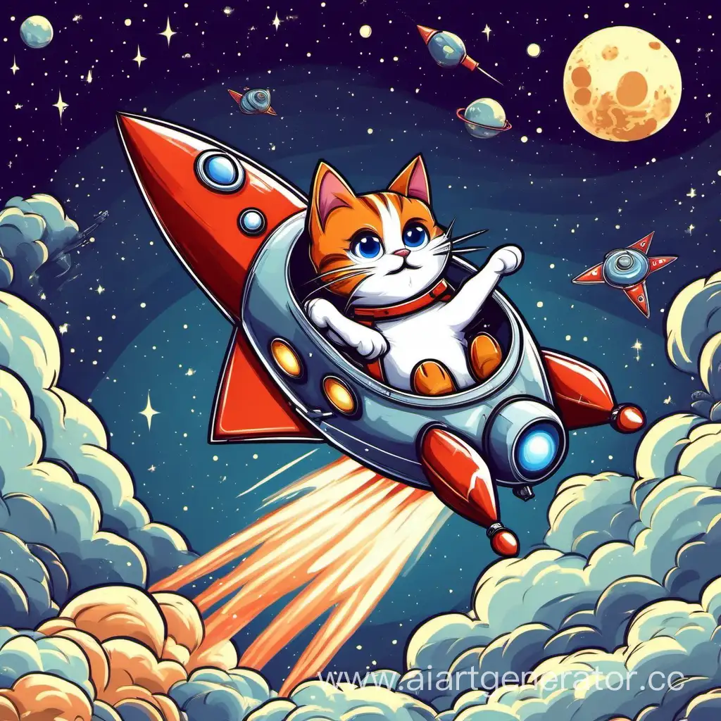 Frightened-Cat-Flying-on-Rocket-Whimsical-Feline-Adventure-Illustration