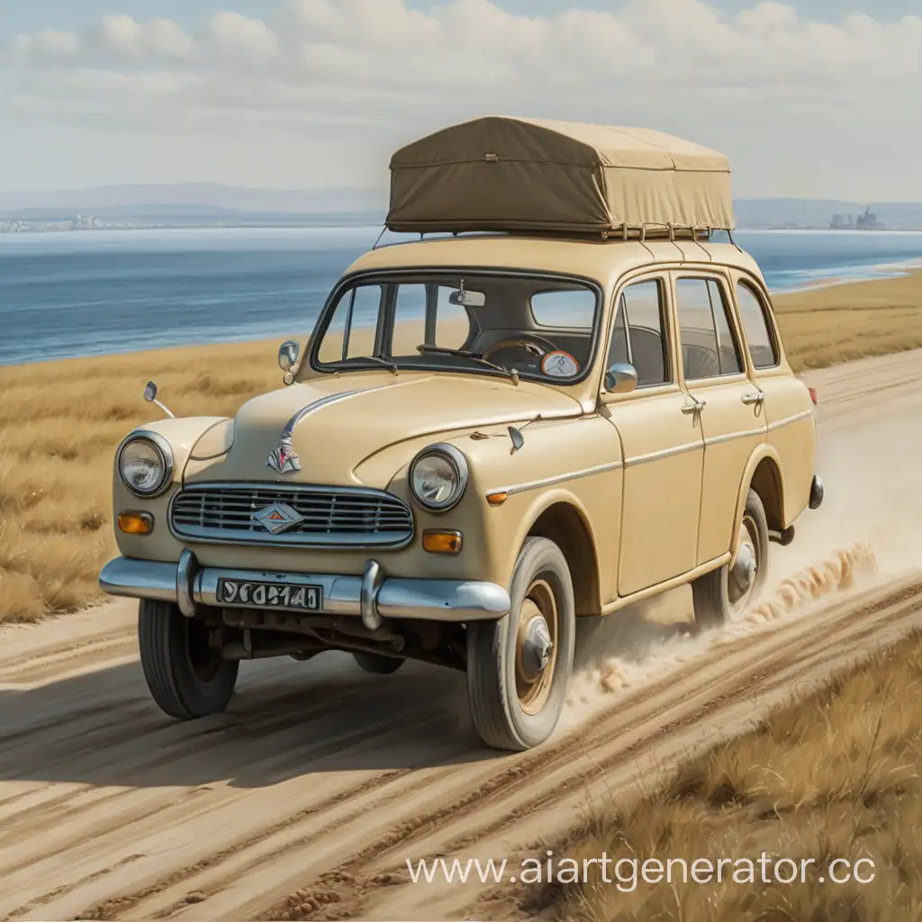 Vintage-Beige-Moskvich-400-with-Rooftop-Cargo-on-Coastal-Journey